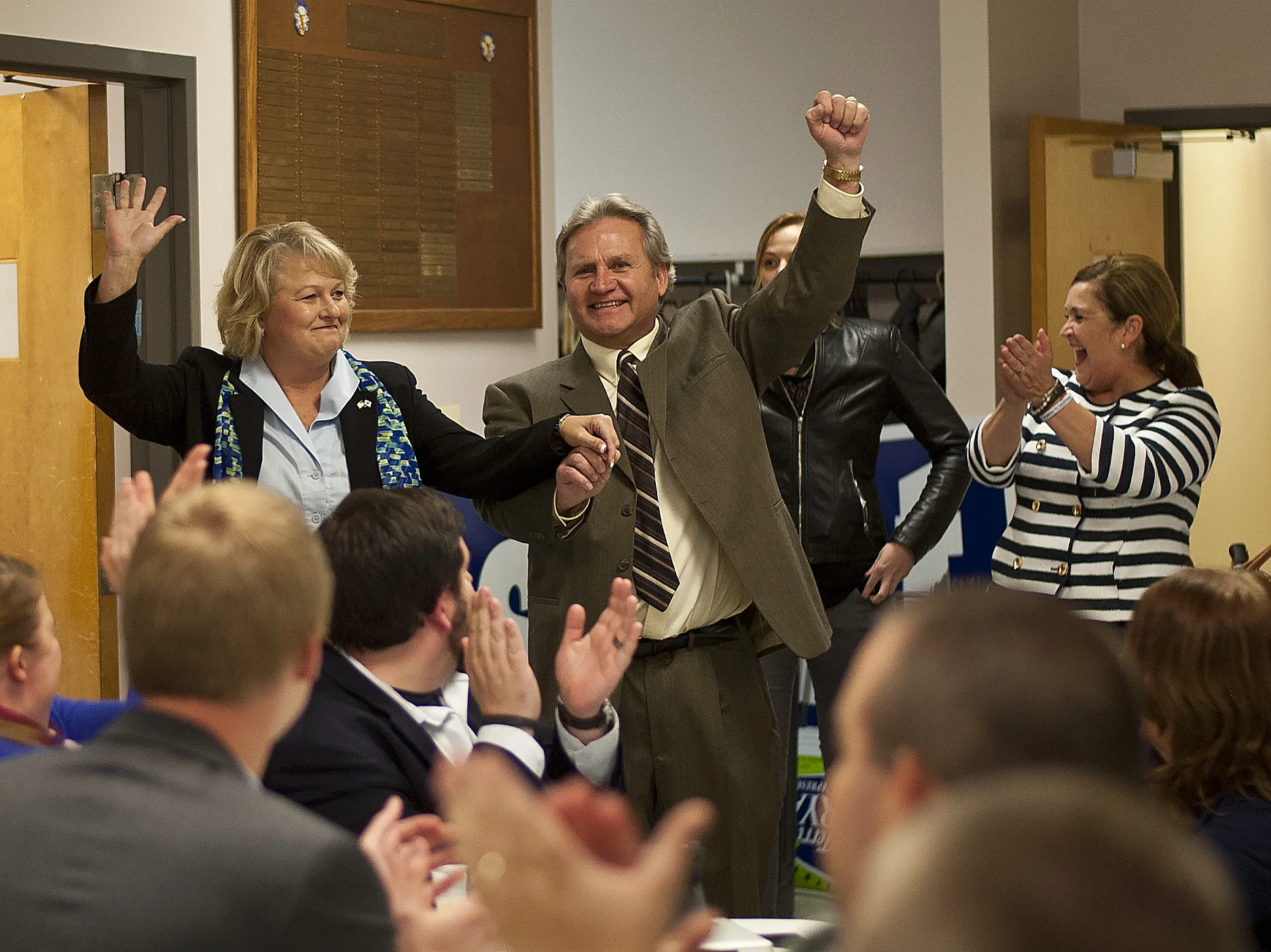 Terri Bryant (R-Murphysboro) and her husband Rick arrive at the Elks Lodge in Murphysboro, Ill., to cheers and applause from supporters. Terri Bryant defeated Bill Kilquist (D-Murphysboro) to win the 115th House District.
