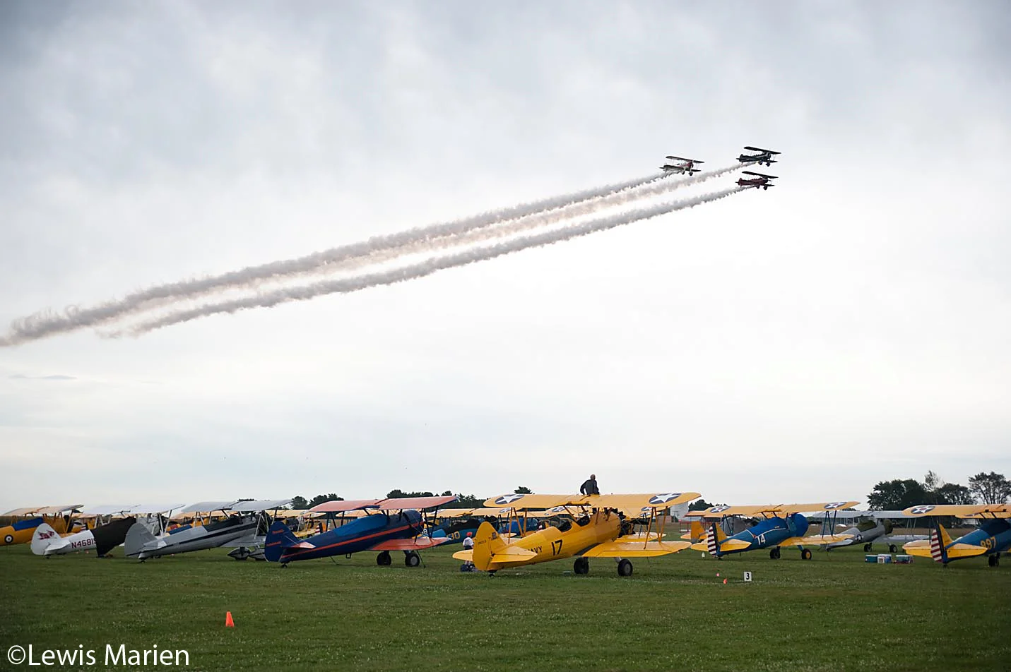 A trio of Stearman biplanes roll over the flight line during Day 2 of the 44th annual National Stearman Fly-In on Sept. 8 at Galesburg Municipal Airport.