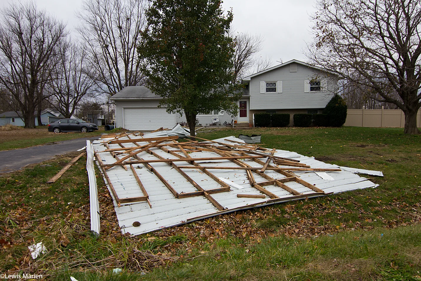 Parts of a roof from Harvest Church of God in East Galesburg, Ill., were found in the nearby neighbor's yard after late night Nov. 11 and early Nov. 12's wind storm.