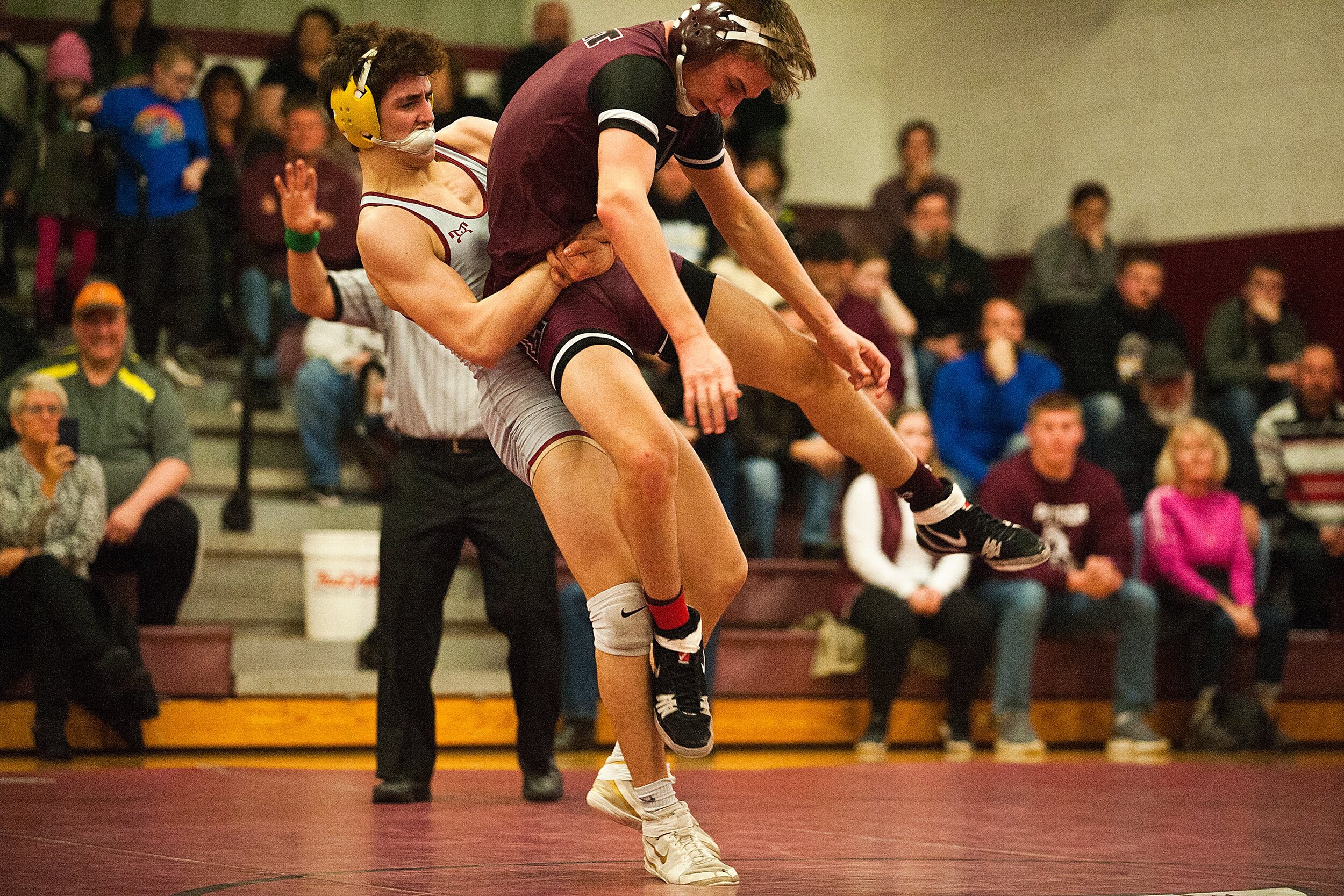  Ty Baxter of the LeRoy/Tri-Valley wrestling co-op lifts Tremont High School’s Cooper Wendling in their 170-pound match during the IHSA Class 1A Dual Team Sectional on Tuesday, Feb. 25, 2020, in LeRoy, Illinois. 