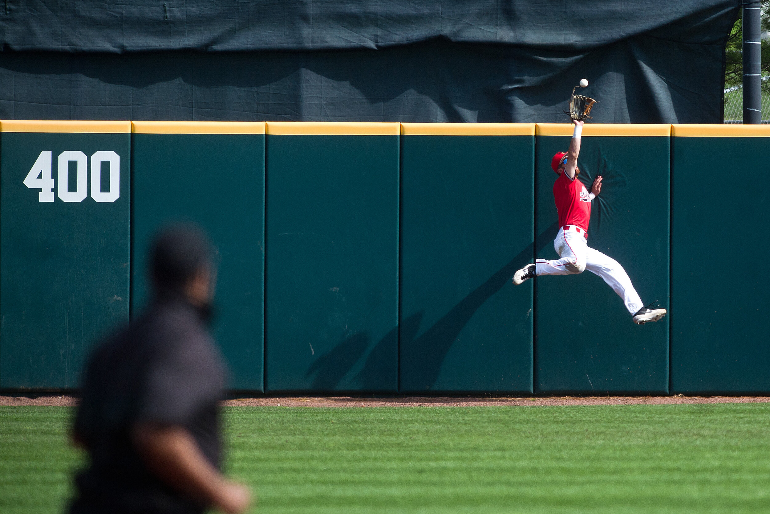  Illinois State outfielder John Rave makes a catch at the wall during a Missouri Valley Conference baseball game against Indiana State on Saturday, May 4, 2019, at Duffy Bass Field in Normal, Illinois. Indiana State won, 13-1. 
