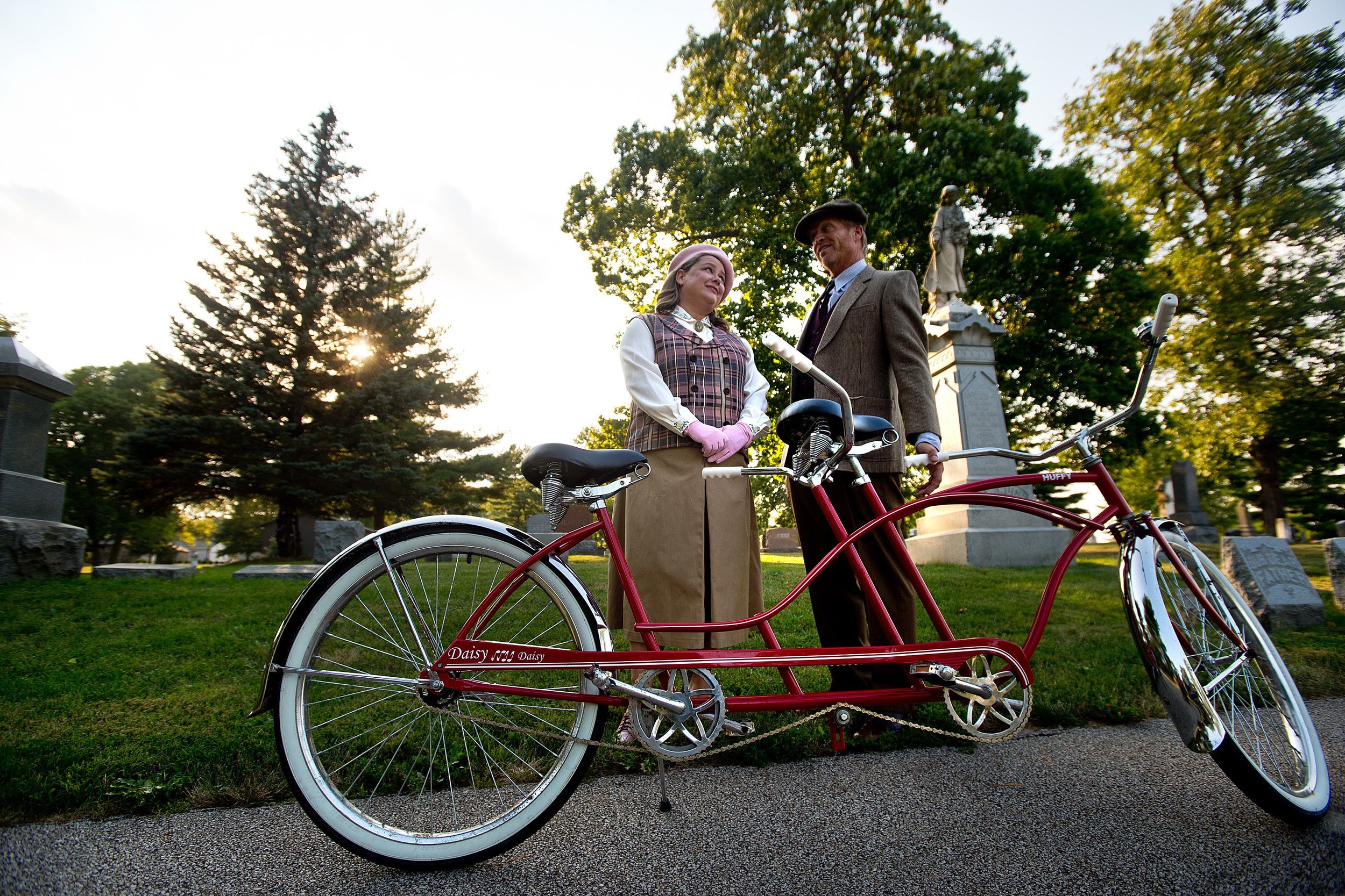  Cristen Monson and her husband, David Krostal, rehearse as Emily Vecchi Noble and Clyde Noble for the 2018 Evergreen Cemetery Walk in Bloomington, Illinois. The walk is held in Evergreen Memorial Cemetery where costumed actors portray individuals, r