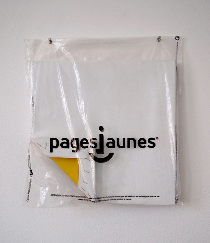 Roland Orepuk, Cut Painting with Yellow Angle, 2011. Arcylic on canvas in plastic bag, 30 x 30cm