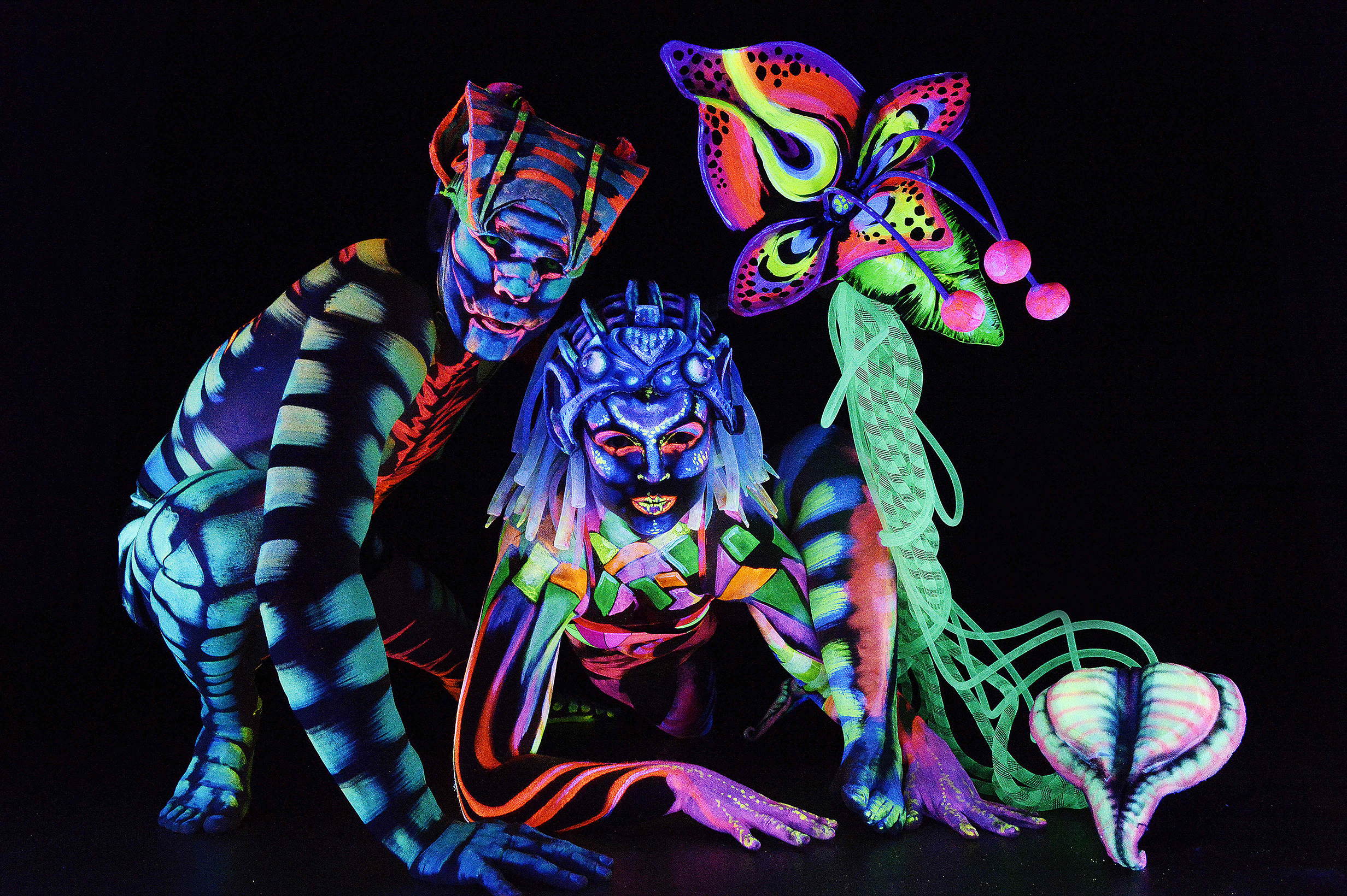  8.2.16 - 'Luminous' members Chris Willschire, Lauren Eisinger &amp; 'Fred' will perform under black light with their bodies painted, as part of this year's Fringe Festival. (The Advertiser, News Corp Australia) 