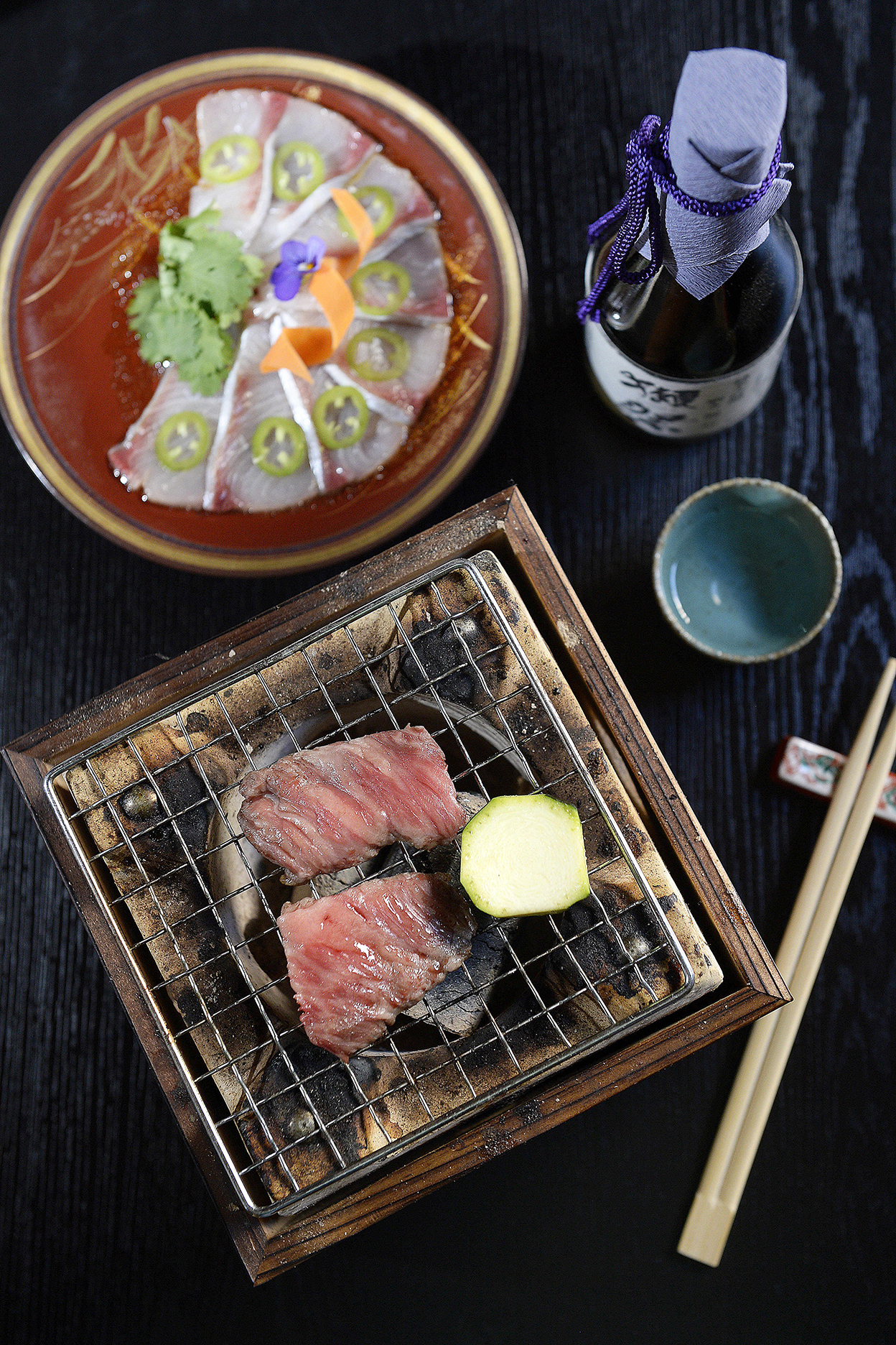 CHP_Export_133276009_Kingfish sashimi with Jalapeno %26 Wagyu beef Robata  at Himeji Japanese Grote St.jpg