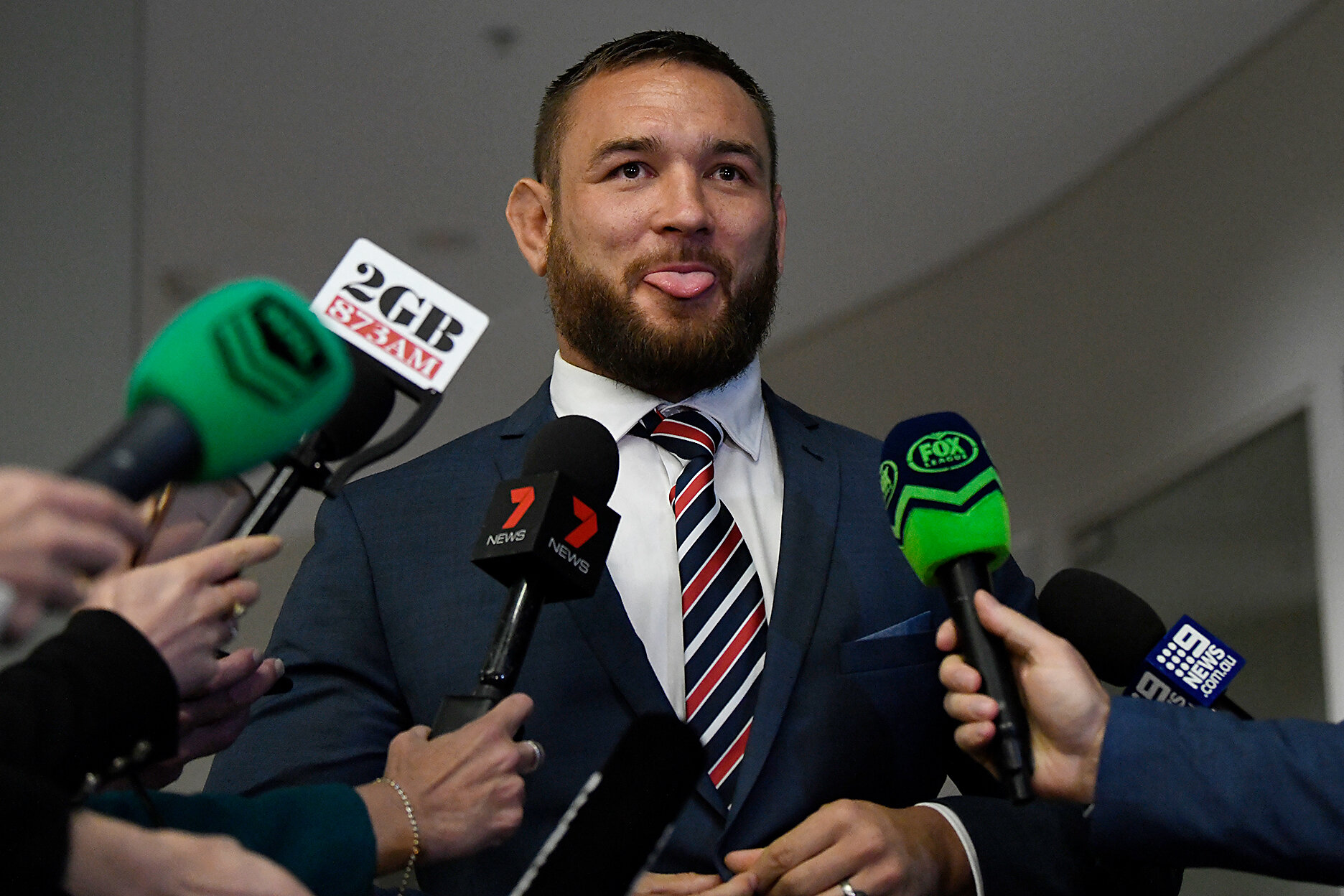  Sydney Roosters player Jared Waerea-Hargreaves speaks to the media after an NRL judiciary hearing at NRL Central in Sydney, Tuesday, September 10, 2019. Jared Waerea-Hargreaves has been found not guilty to a careless high tackle charge for his hit o