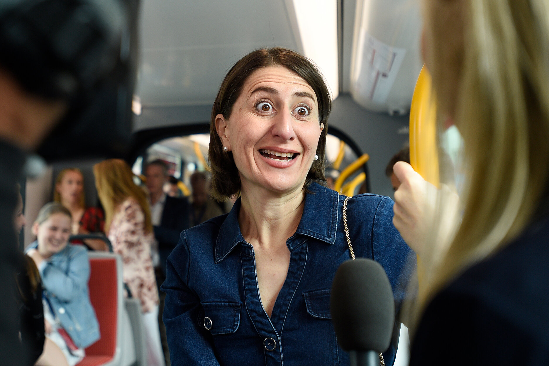  NSW Premier Gladys Berejiklian is seen onboard the new light rail after opening it to passengers at Circular Quay in Sydney, Saturday, December 14, 2019. (AAP Image) 