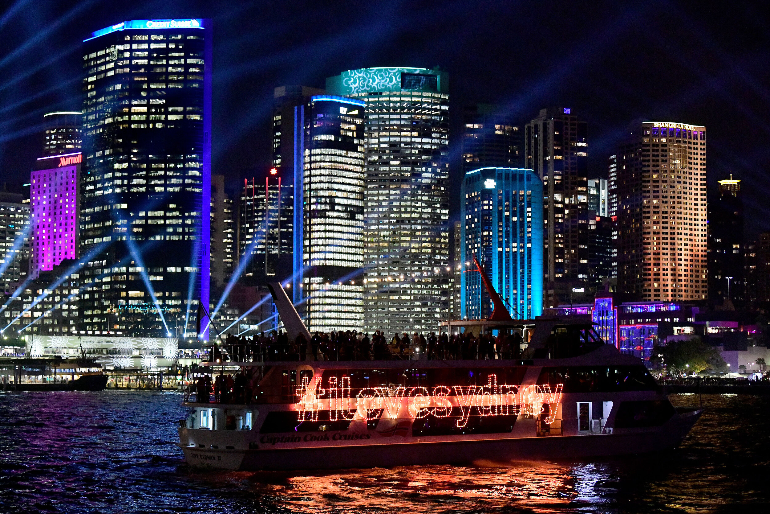  A light projection is shone onto the city of Sydney during the first night of Vivid Sydney 2019 in Sydney, Friday, May 24, 2019. Vivid Sydney runs from May 24 through to June 15 and is the largest festival of its kind in the southern hemisphere.  (A