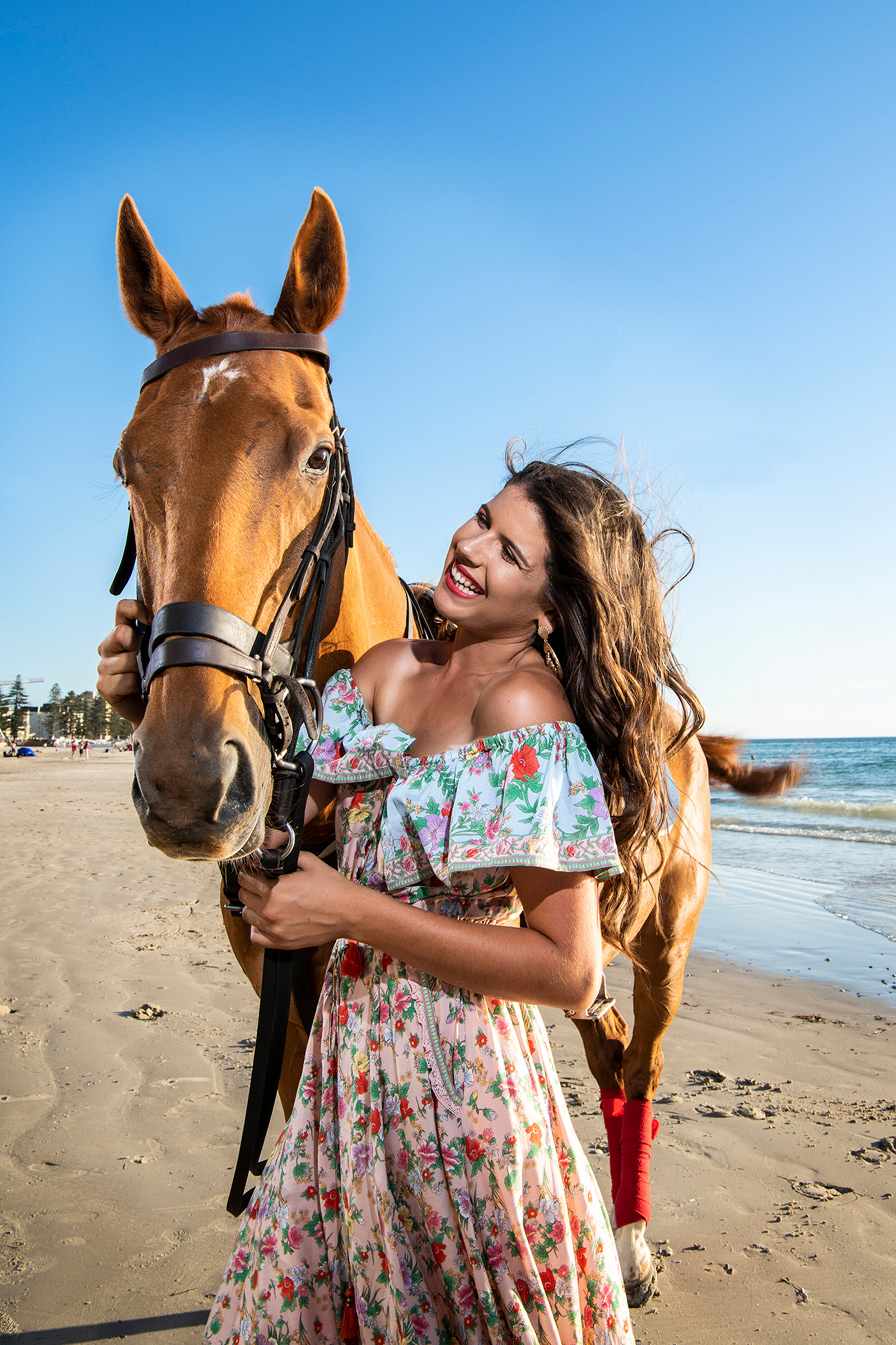  23.1.19 - Model Paloma Ridley with 'Archie' at Glenelg Beach, ahead of the Beach Polo event. (The Advertiser, News Corp Australia)  