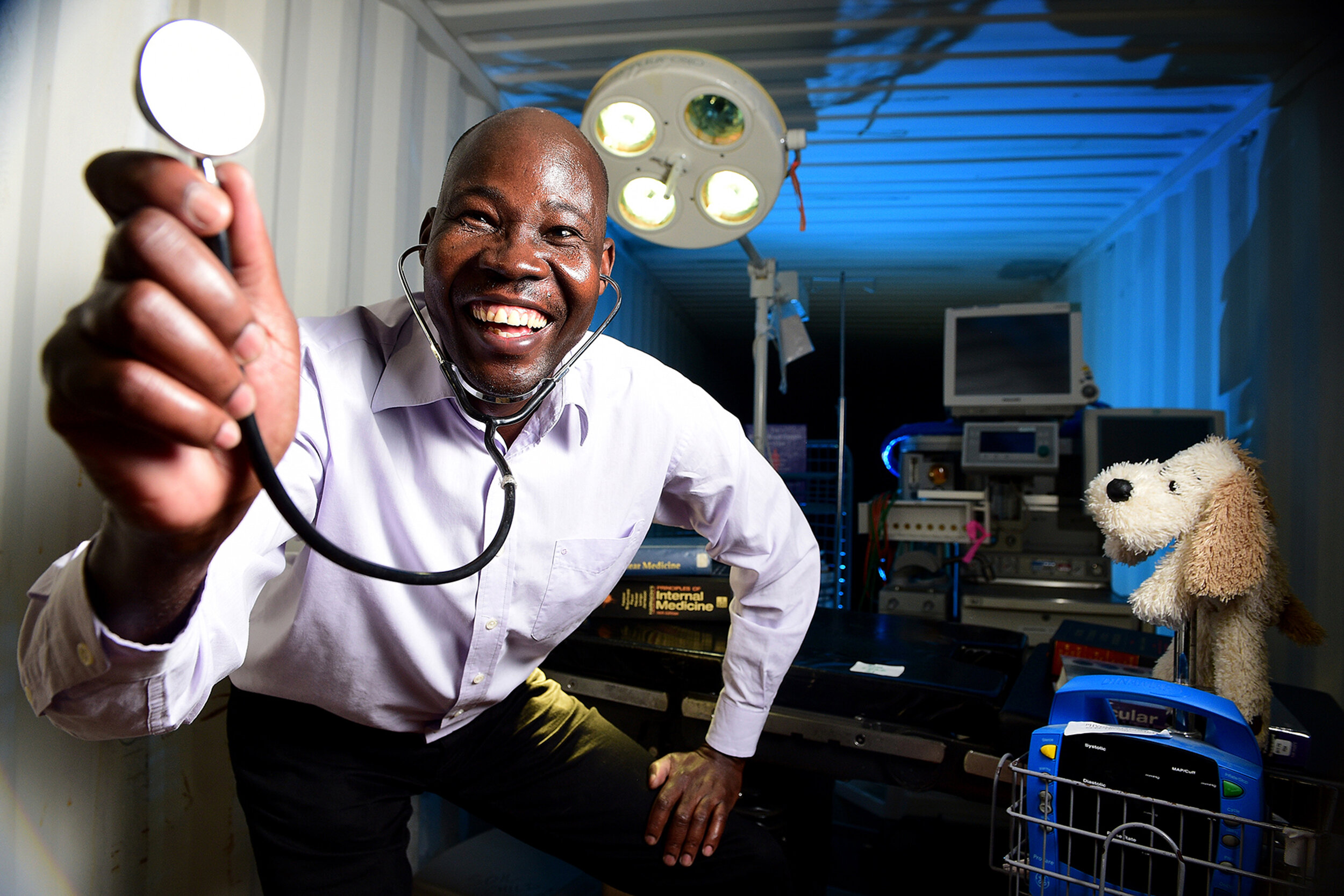  6.7.18 - Medical PhD Adelaide Uni student John Nelson Opio inside a shipping container, with some of the medical equipment donated from the old Royal Adelaide Hospital. John is hoping to raise enough funds to ship the container of equipment off to h