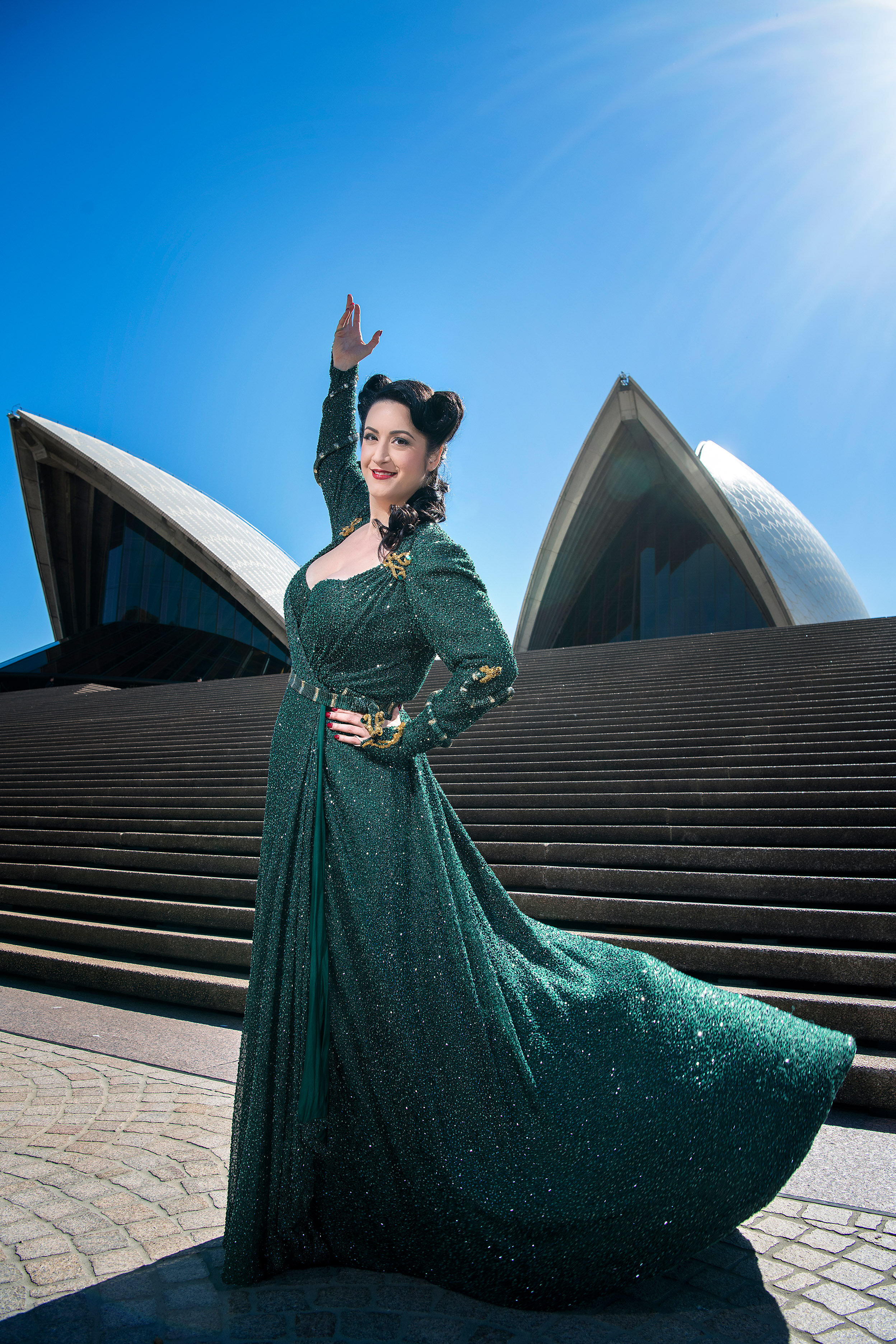  Opera singer Natalie Aroyan poses for a photograph ahead of the 2020 season launch of 'Attila' in front of the Sydney Opera House, Sydney, Thursday, August 15, 2019. (AAP Image) 