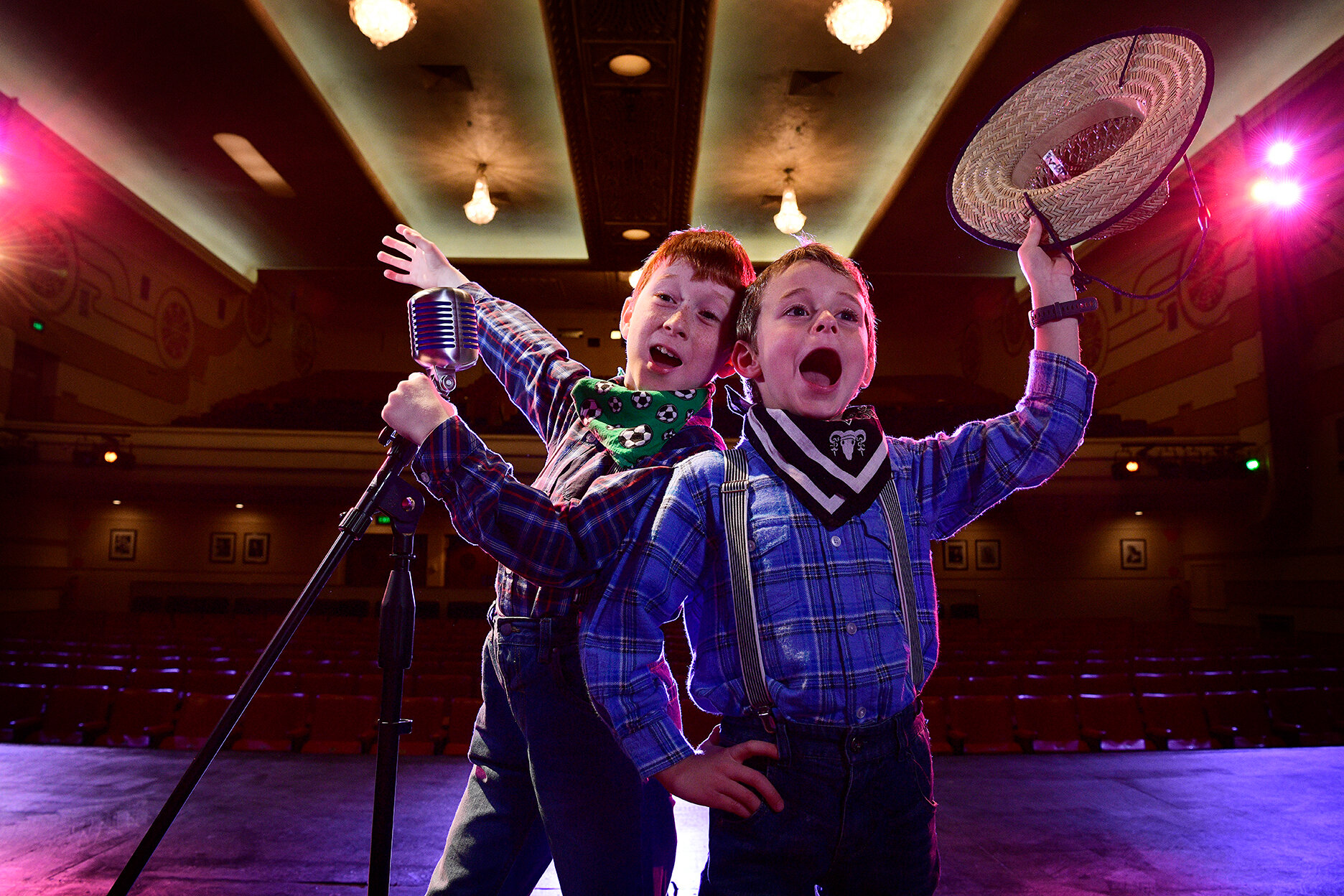  21.9.18 -  Ethan “Hiccups” Hall, 10, with his brother Toby, 7, at the Capri Theatre, Goodwood. Ethan is holding a big fundraiser event at the Capri Theatre in November, in aid of the drought. (The Advertiser, News Corp Australia) 