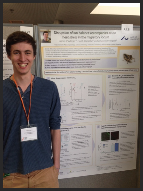 James O'Sullivan tries not to laugh beside his (very serious) poster about the effects of heat stress on locust ionoregulation.