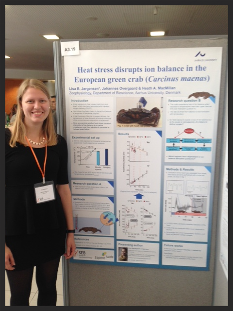 Lisa Jørgensen stands with her awesome poster about the effects of heat stress on ion balance in the European green crab.