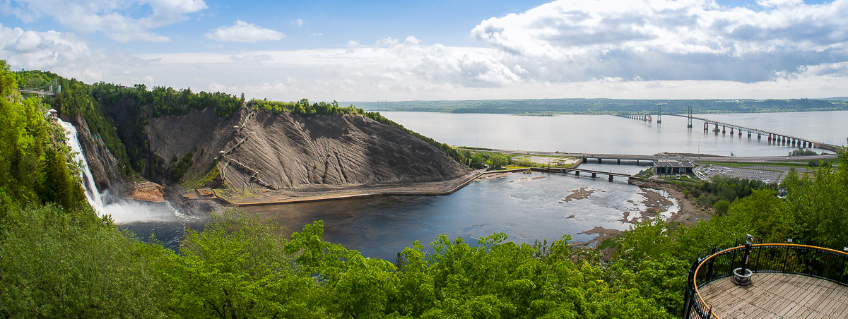 Montmorrency Falls and Orleans Island's bridge near Quebec City. Taken with a Fisheye, defished then cropped.