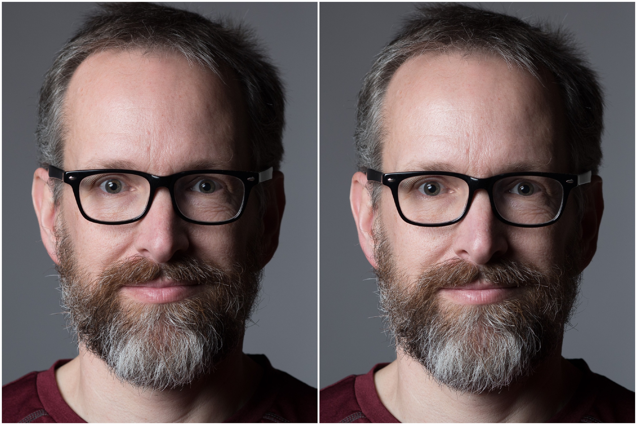 Using a polarizer (left) in studio to reduce the glare on the skin (right).