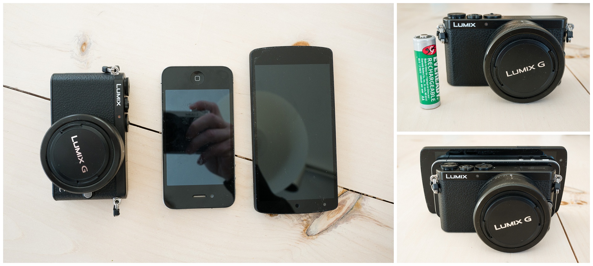 Size comparison with an iPhone 4, a Nexus 5 and a AA battery