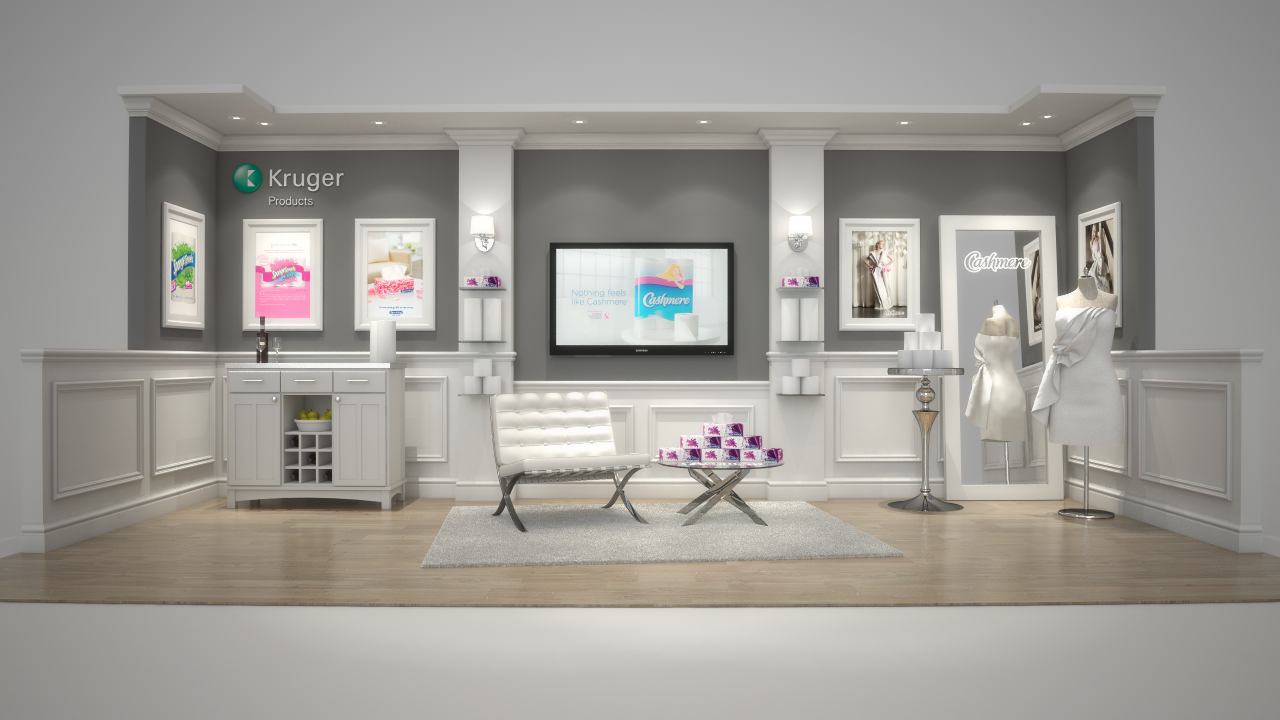 Kruger's exhibition booth design with custom millwork, cabinetry, lighting, rental furniture and inter-changeable digital graphics