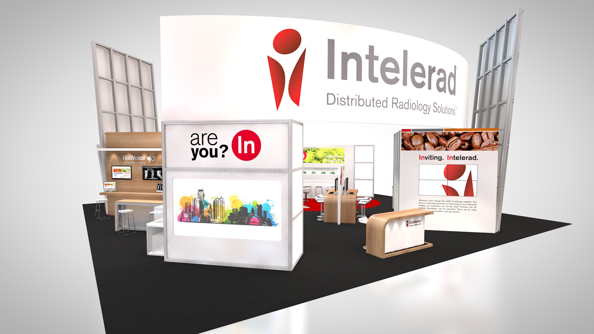 Intelerad's trade show booth rental incorporates custom workstations, fabric banners, digital graphics and interactive multimedia