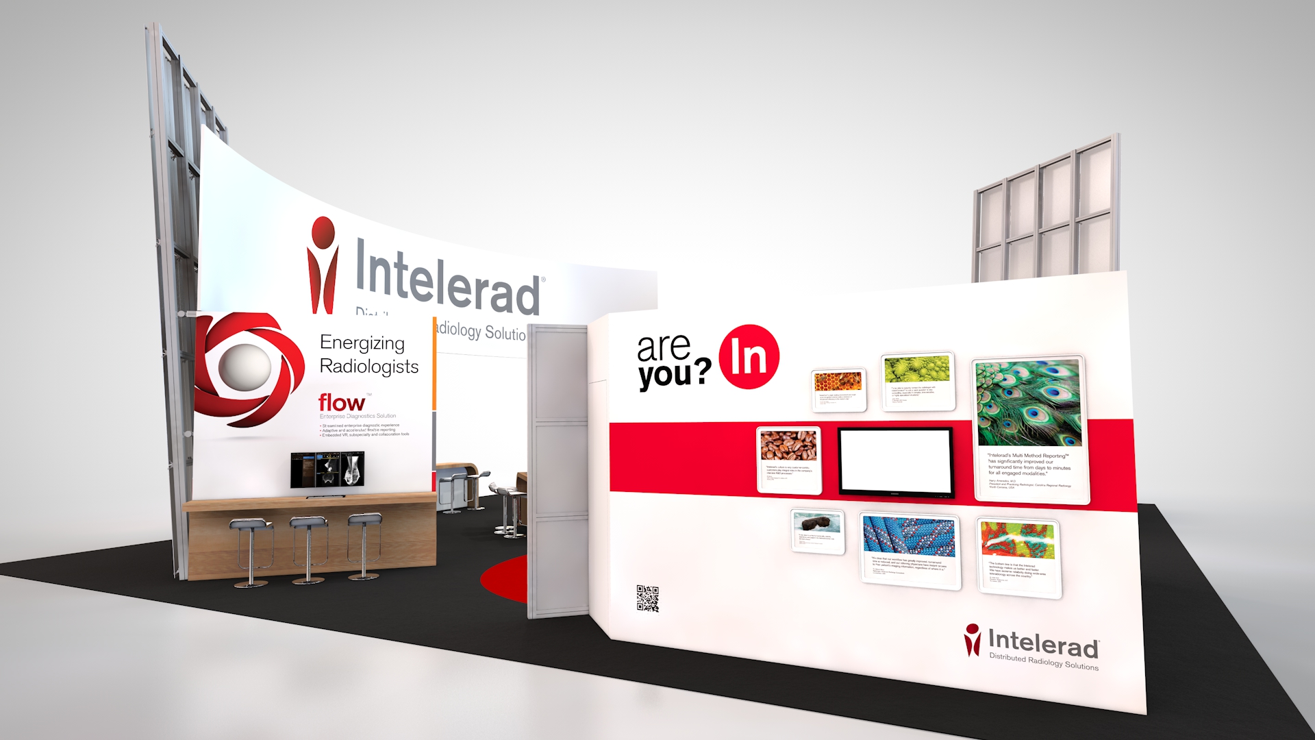 A view of Intelerad's trade show booth rental showing the outside of the storage and media room.