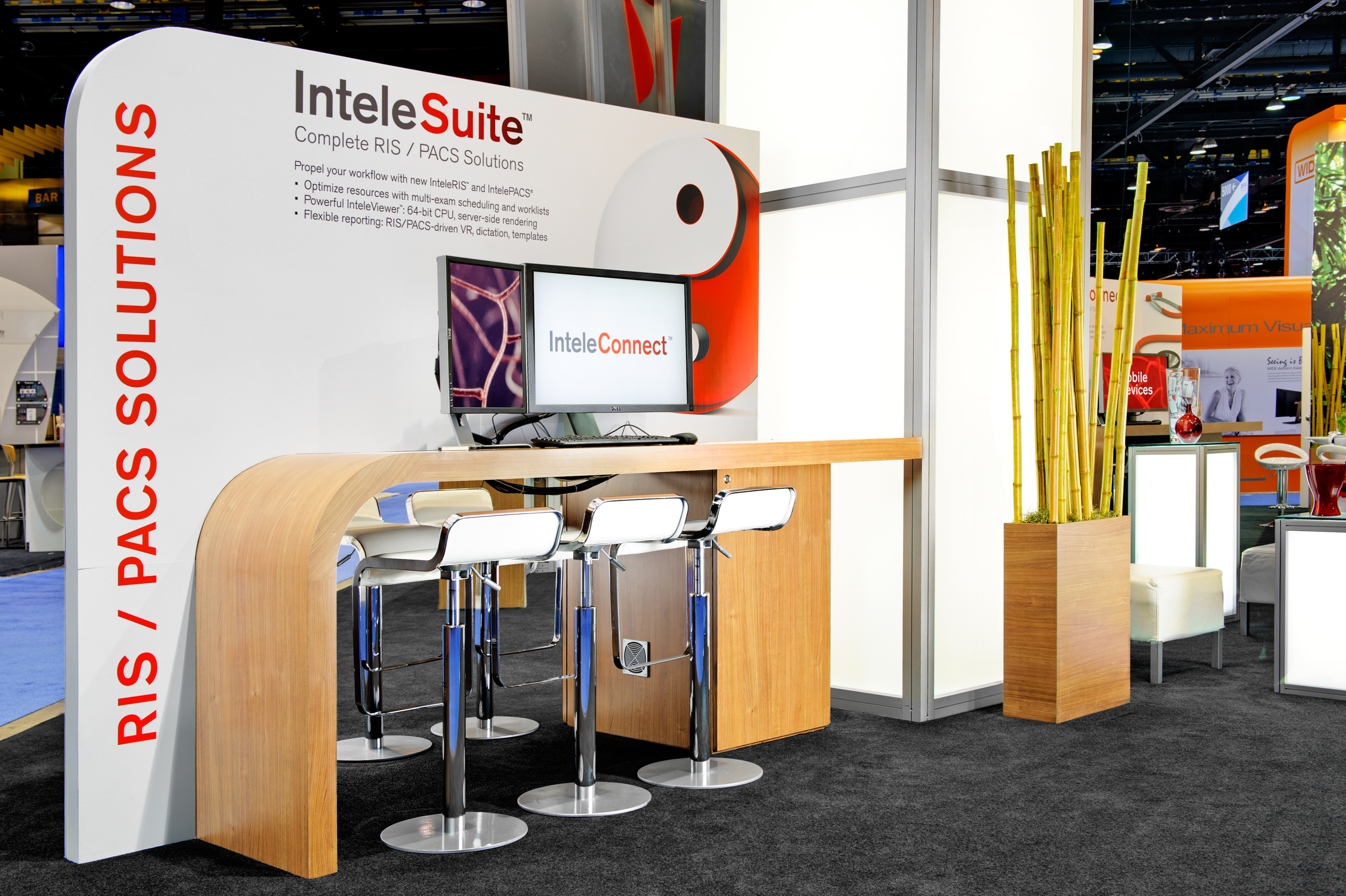 Intelerad's trade show rental exhibit showing a close-up of the custom workstations