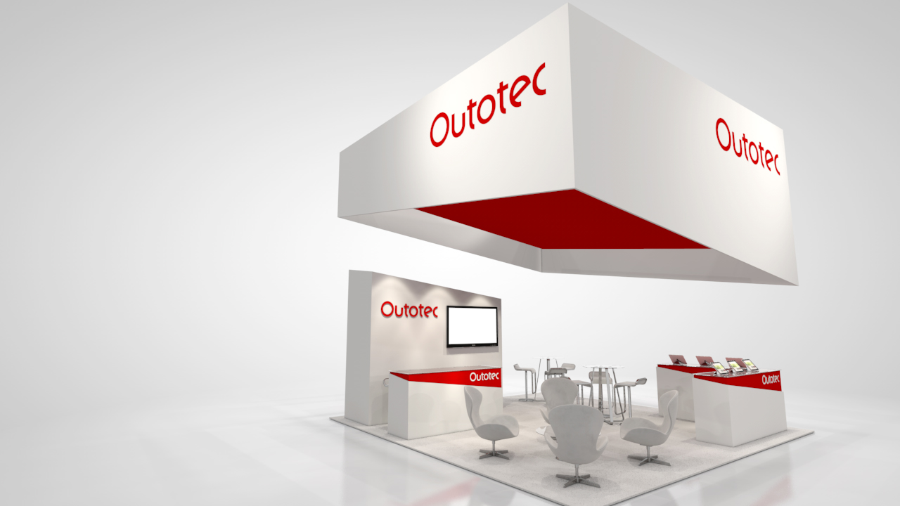 Outotec's exhibit featured a large hanging sign, custom millwork and modern furniture