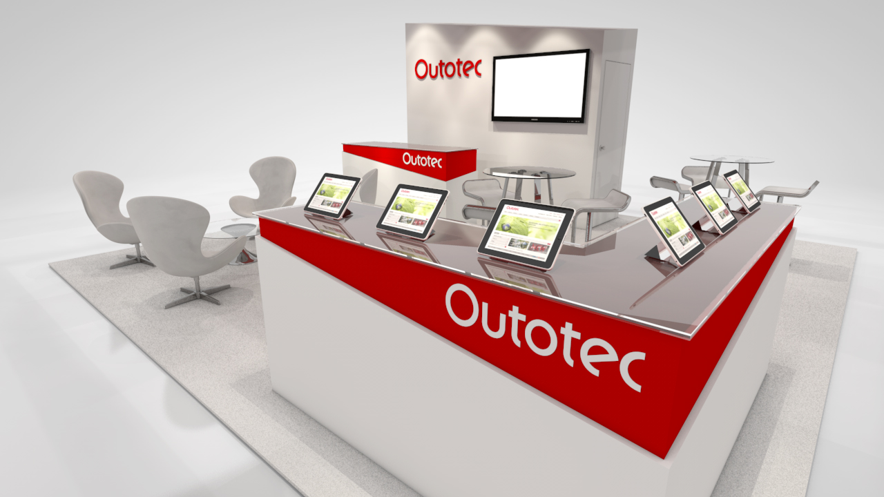 Outotec's exhibit featured a large hanging sign, custom millwork and modern furniture
