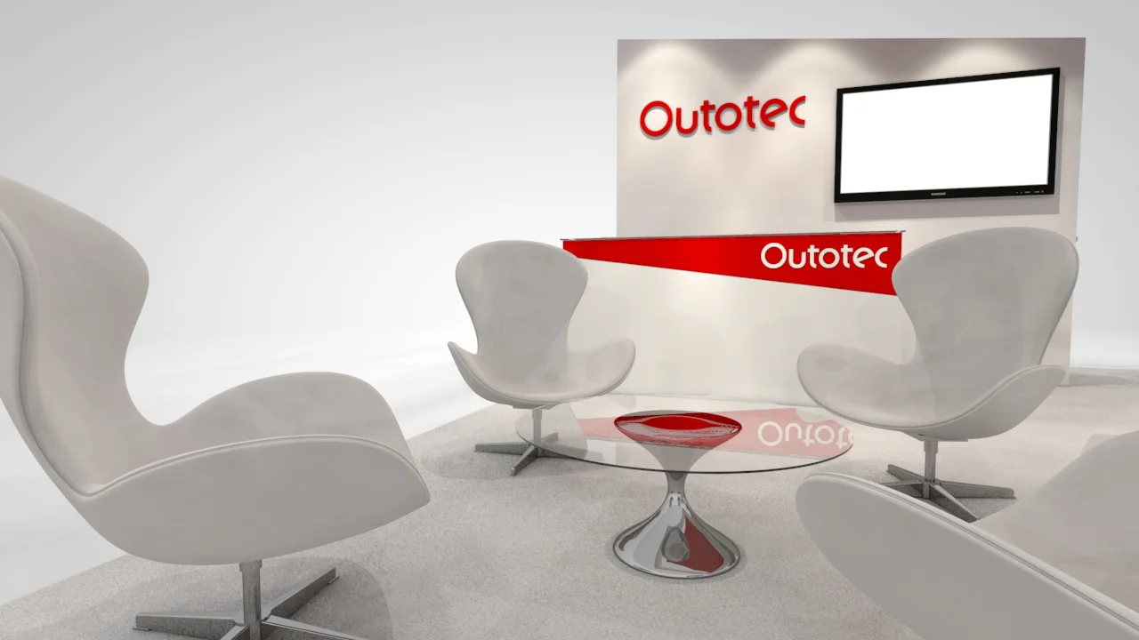 Outotec's exhibit featured a large hanging sign, custom millwork and modern furniture