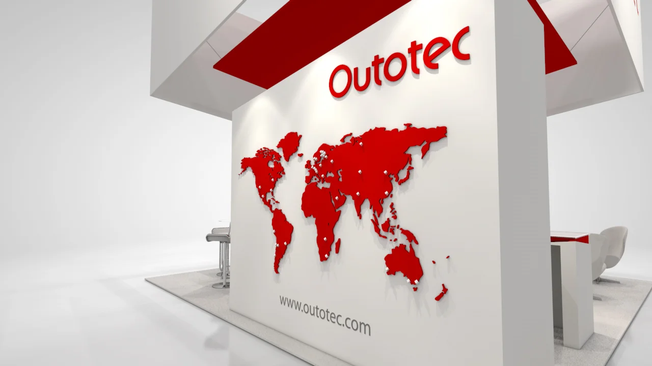 Outotec's exhibit featured a large hanging sign, custom millwork and modern furniture