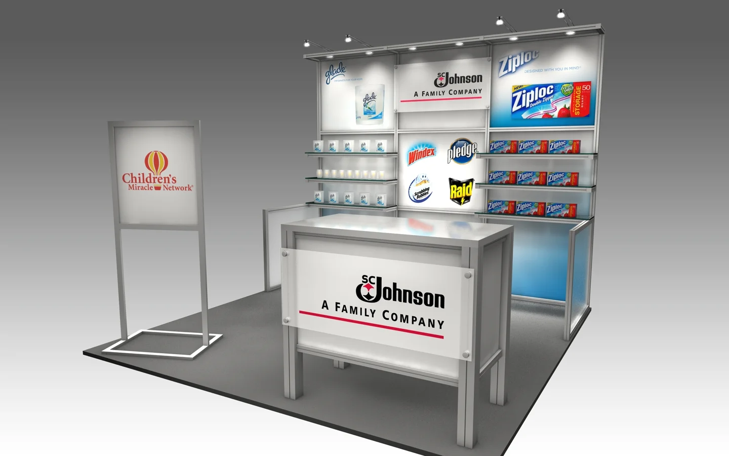 Custom designed rental booth with shelving and graphics to highlight product