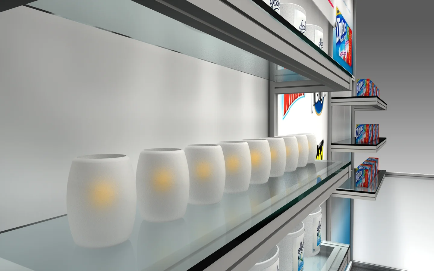 Custom designed rental booth with shelving and graphics to highlight product