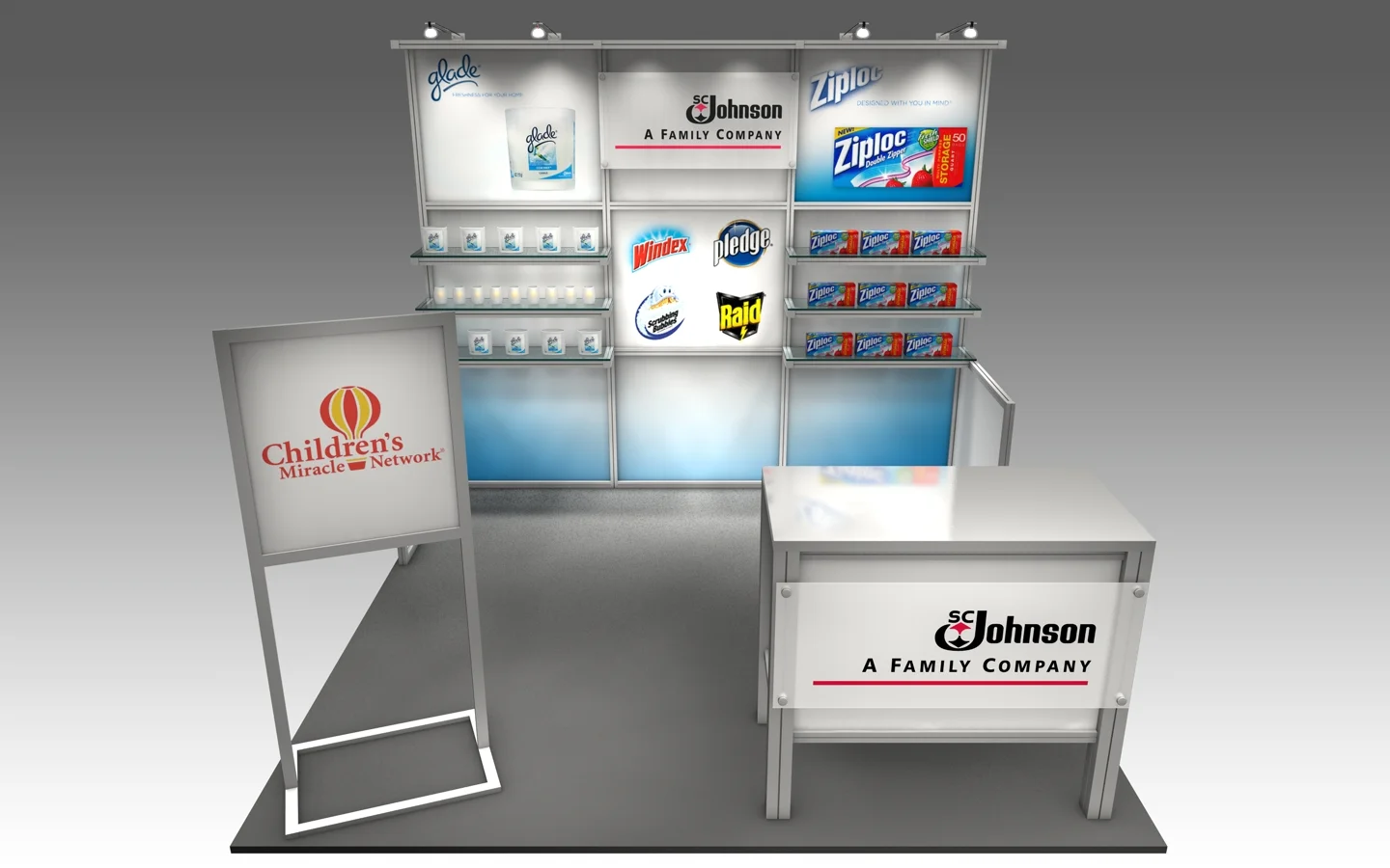 Custom designed rental booth with shelving and graphics to highlight product