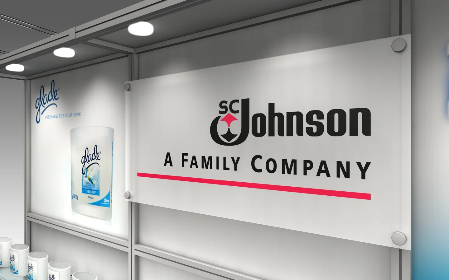 Custom designed rental booth with shelving and graphics to highlight product
