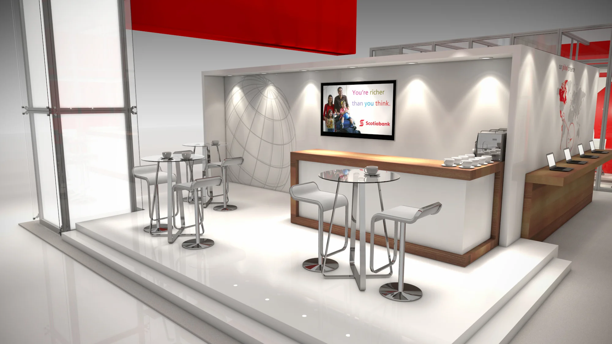 40' x 40' rental exhibit for a Toronto event with clean, sleek and modern features including custom millwork and large fabric graphics