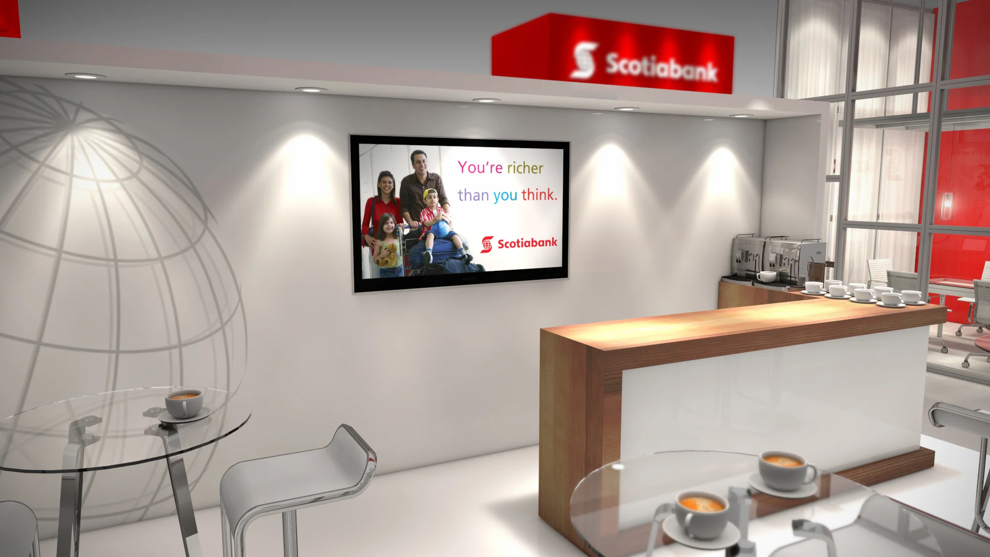 40' x 40' rental exhibit for a Toronto event with clean, sleek and modern features including custom millwork and large fabric graphics