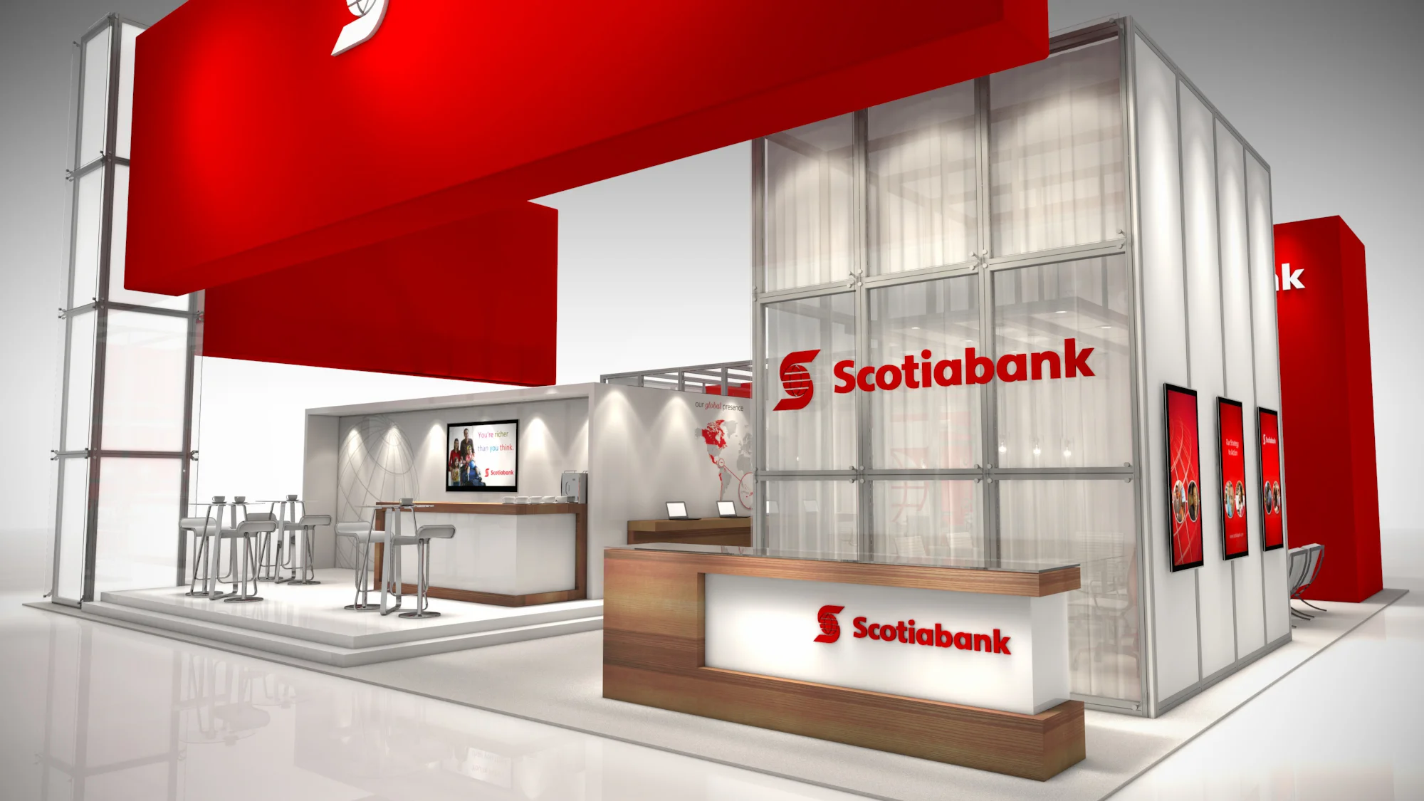 40' x 40' rental exhibit for a Toronto event with clean, sleek and modern features including custom millwork and large fabric graphics