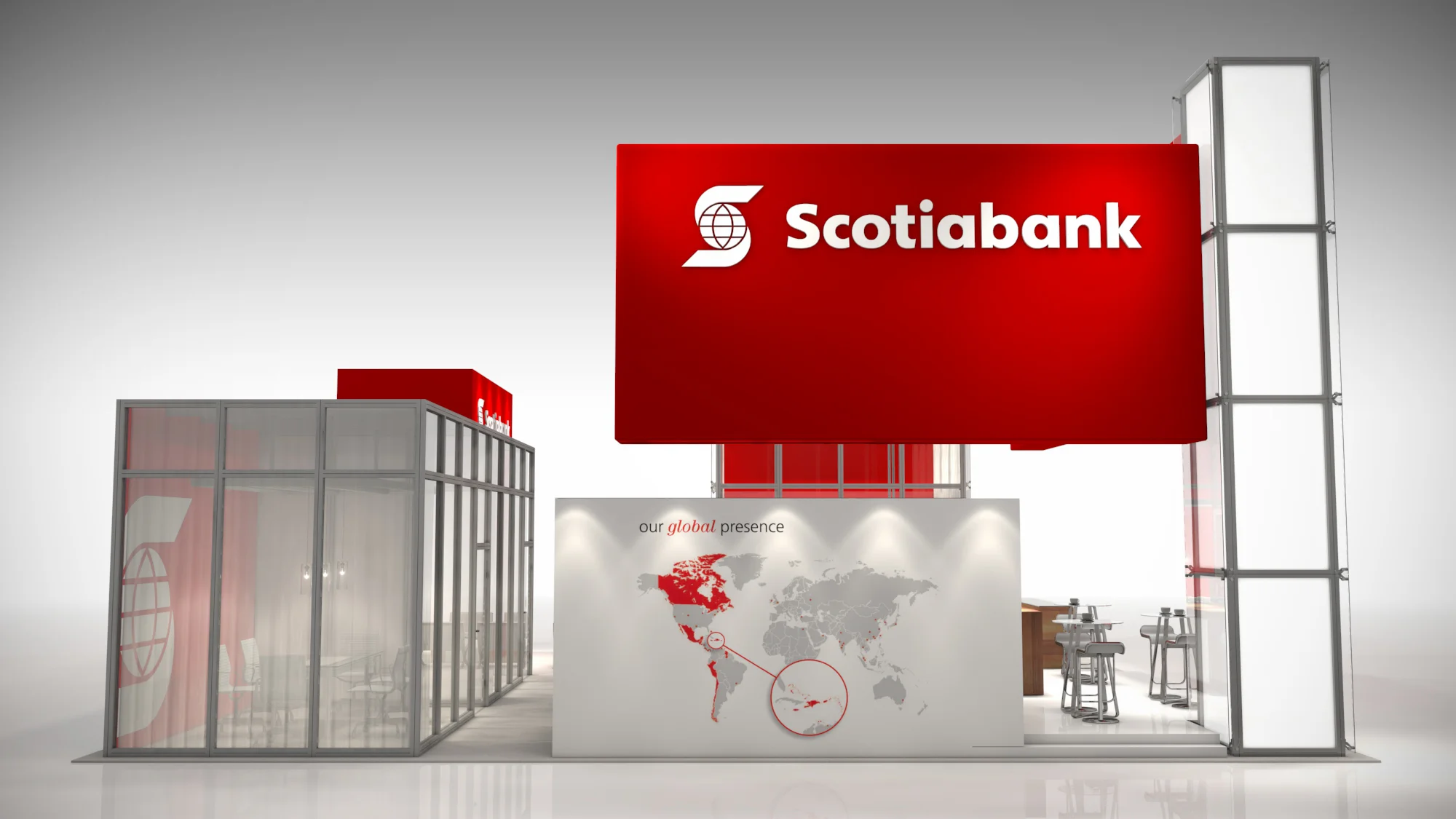 40' x 40' rental exhibit for a Toronto event with clean, sleek and modern features including custom millwork and large fabric graphics