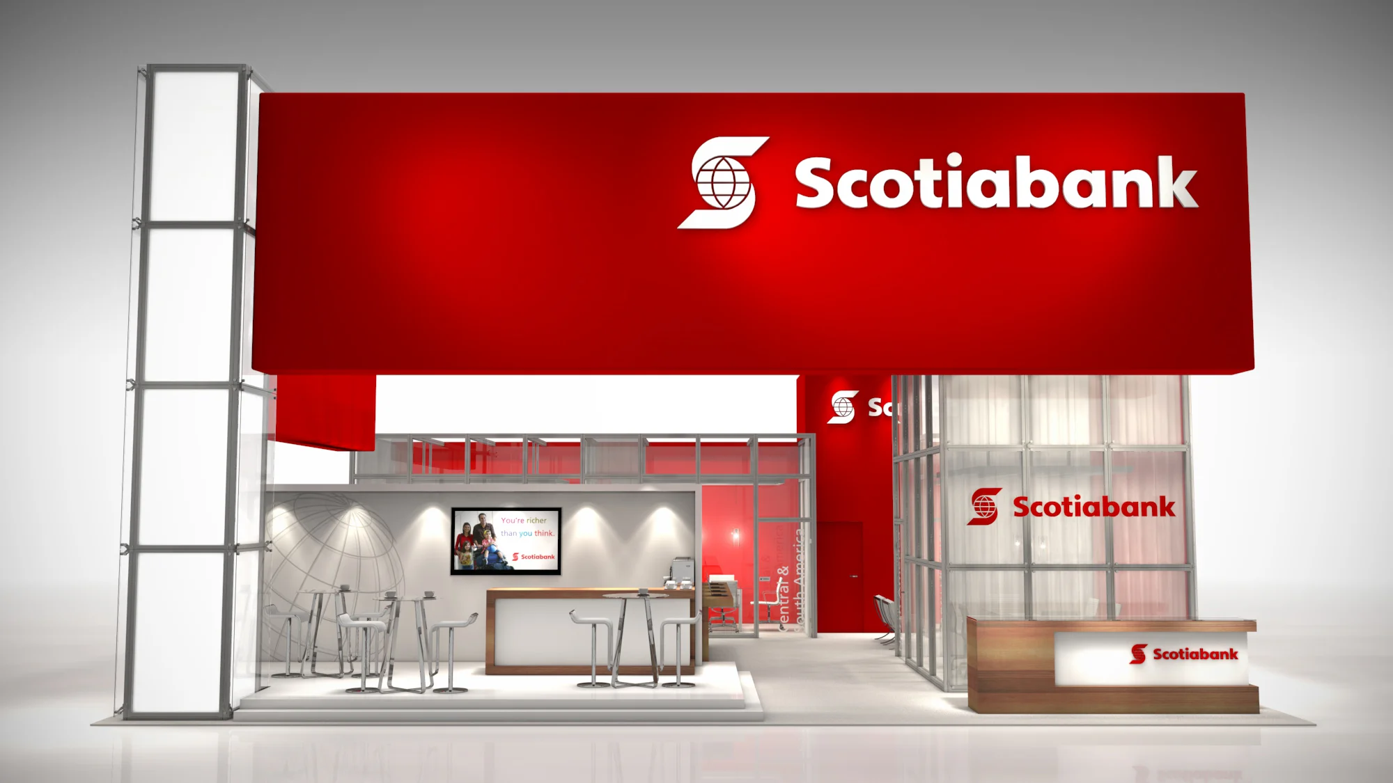 This 40' x 40' exhibit was designed to meet their three main objectives of delivering integrated communication, facilitating meetings, and creating a high impact experience. With a clean, sleek and modern booth - it showcases Scotiabank as an industry leader and innovator at the world's premier financial services event.
