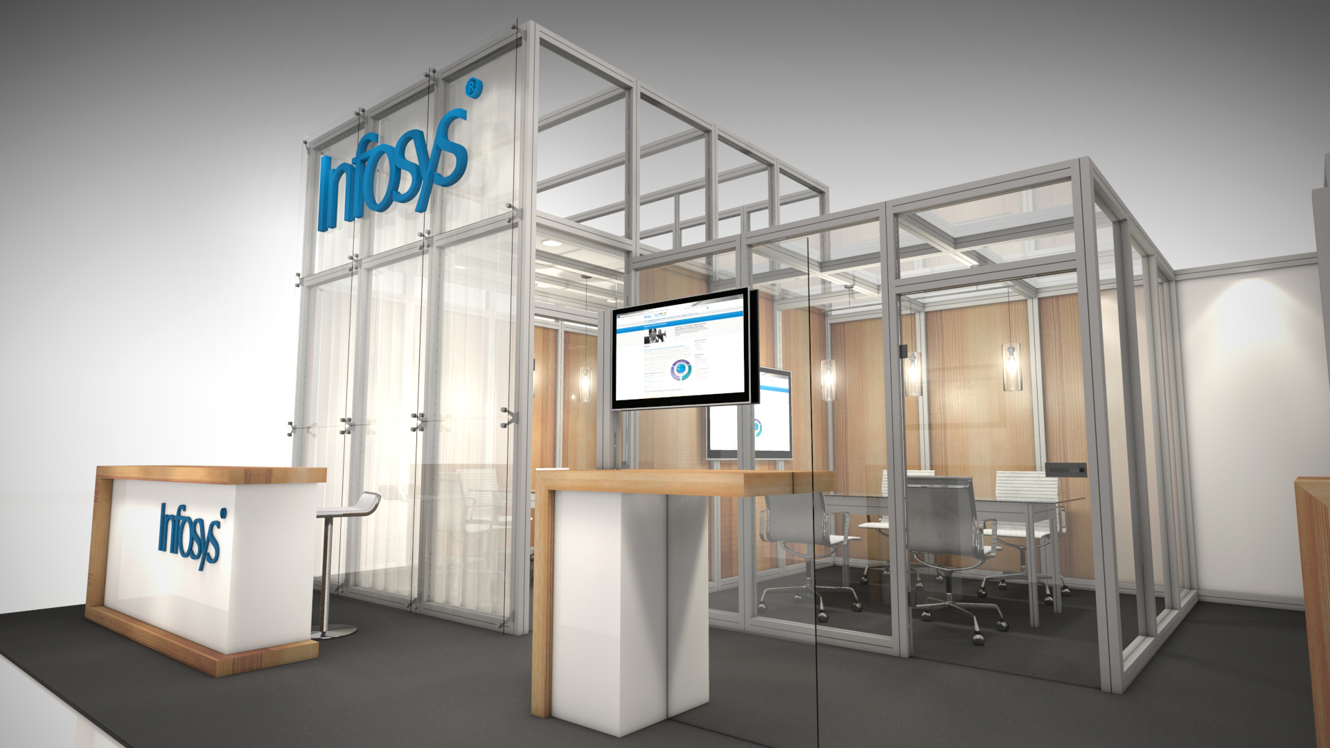 Infosys rental exhibit with a reception, meeting rooms and demo stations