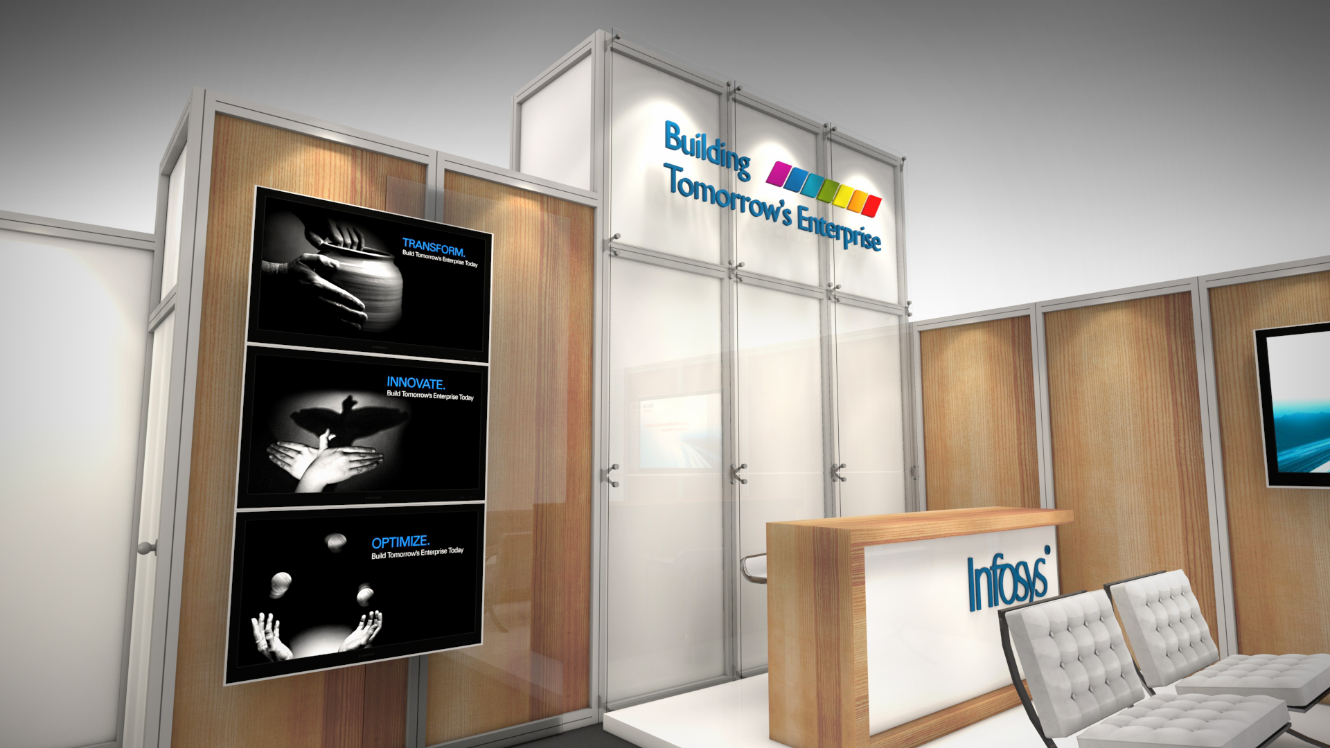 Infosys rental exhibit with a reception, meeting rooms and demo stations