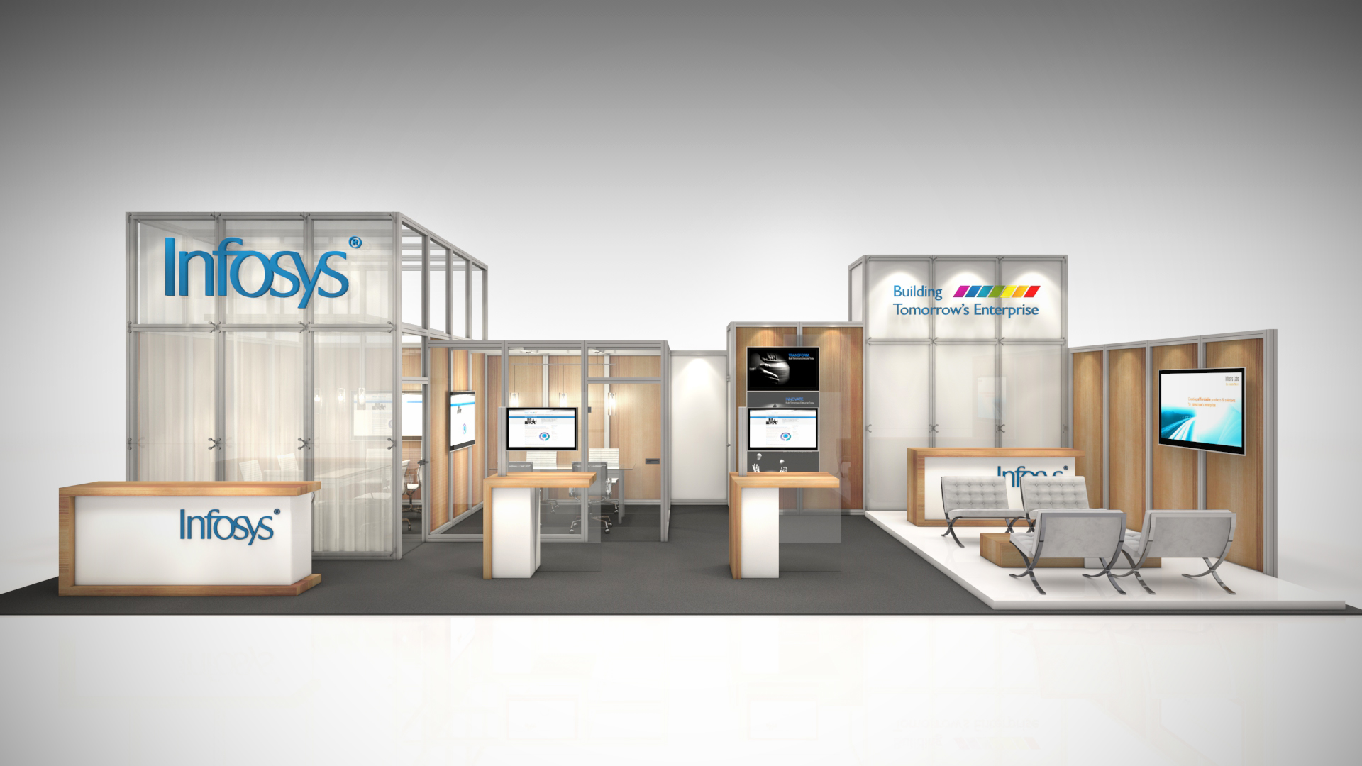 Infosys rental exhibit with a reception, meeting rooms and demo stations
