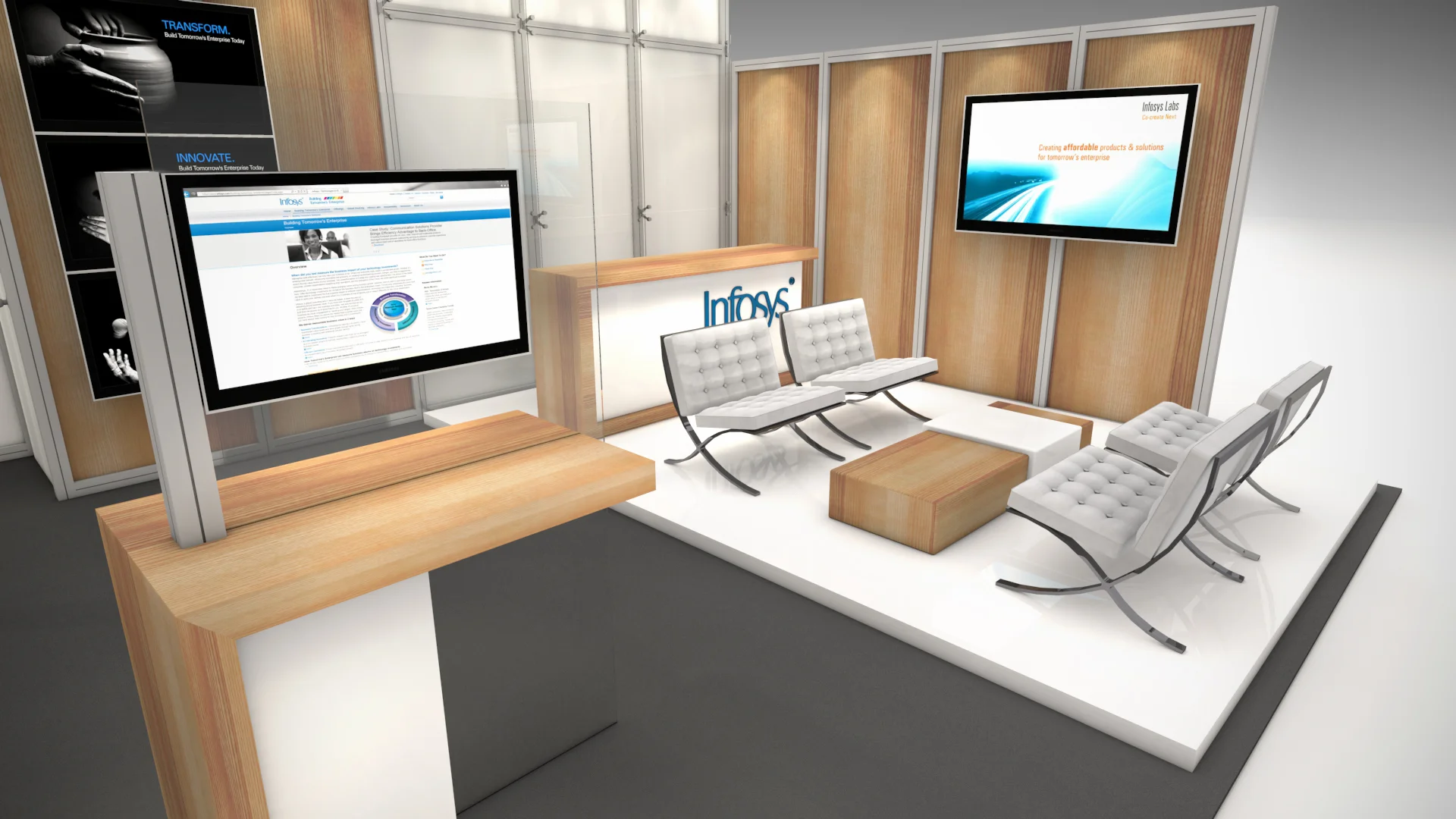 Infosys rental exhibit with a reception, meeting rooms and demo stations