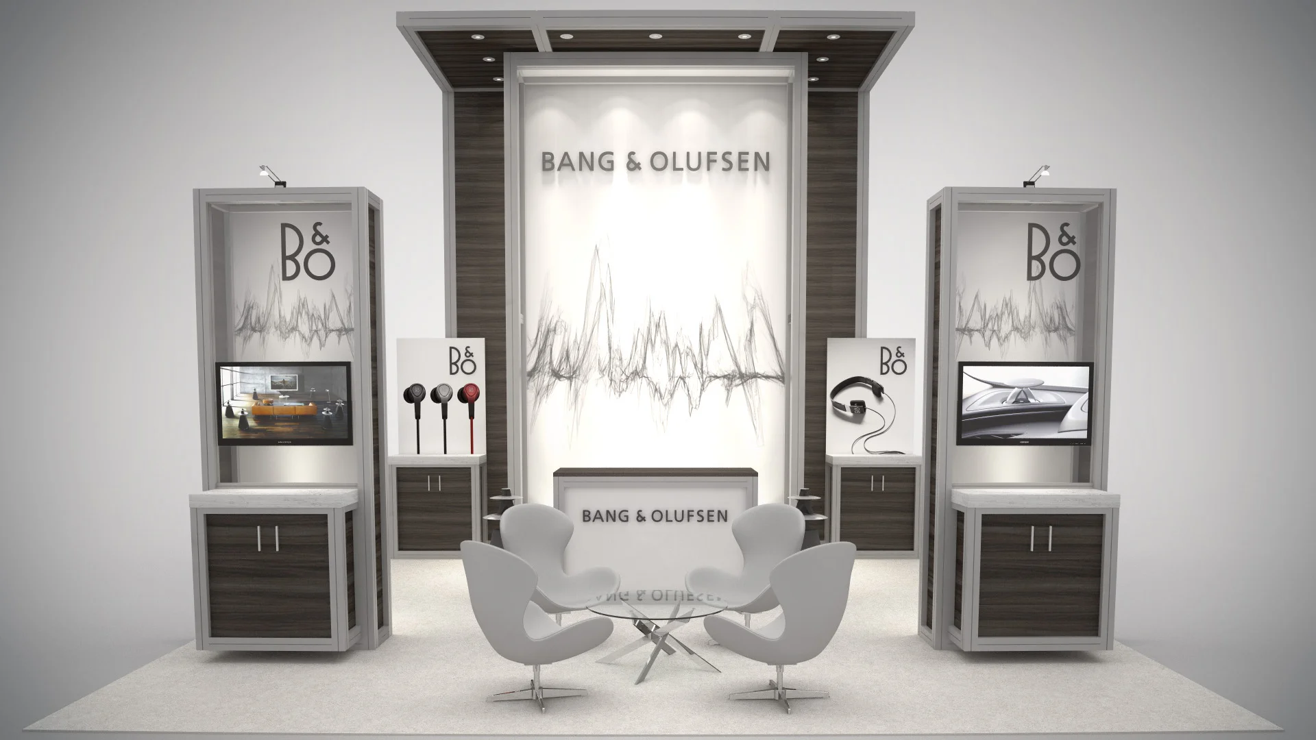 Custom designed trade show rental exhibit display with modular workstations and integrated monitors