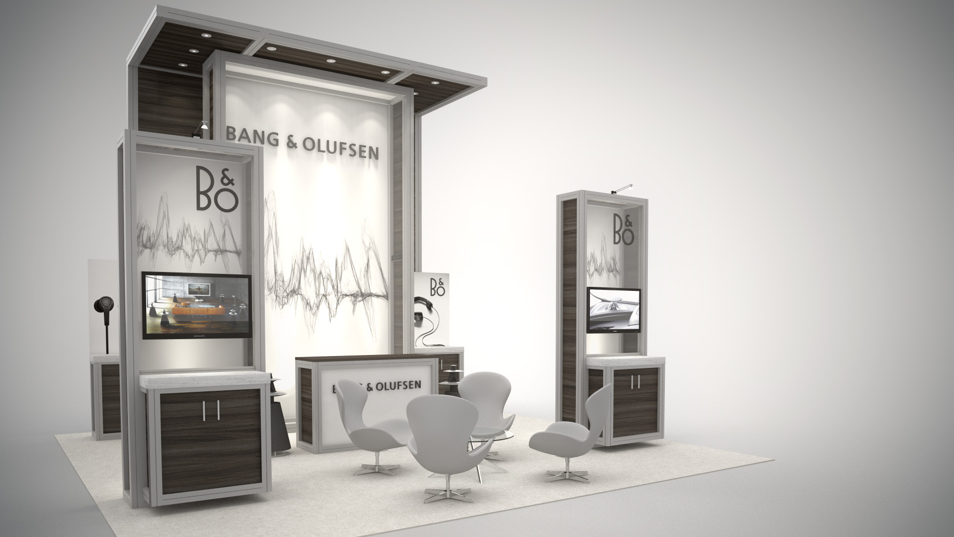 Custom designed trade show rental exhibit display with modular workstations and integrated monitors