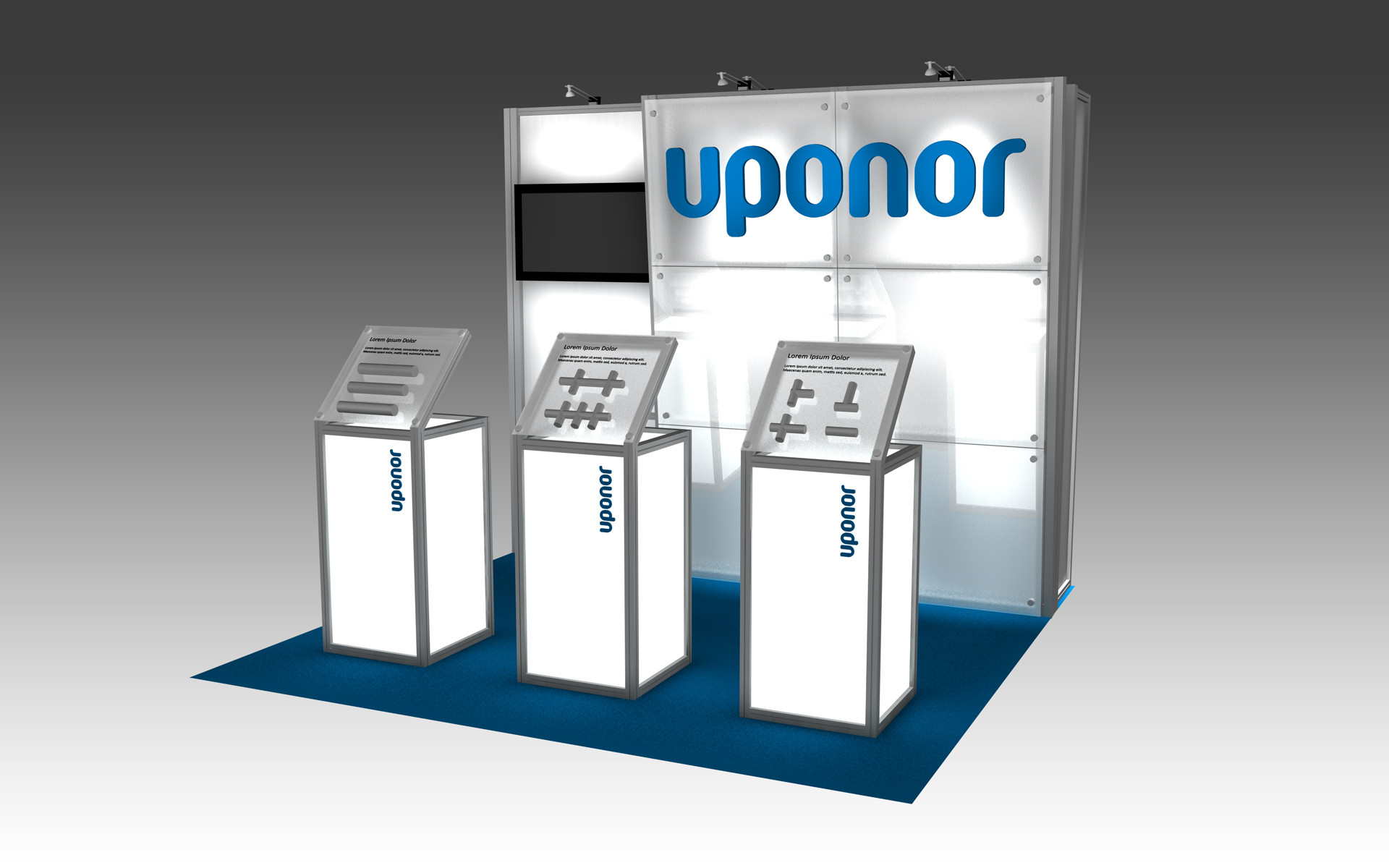 This modern 10' x 20' booth showcases product on glowing pedestals and a clean backwall highlighting their branding
