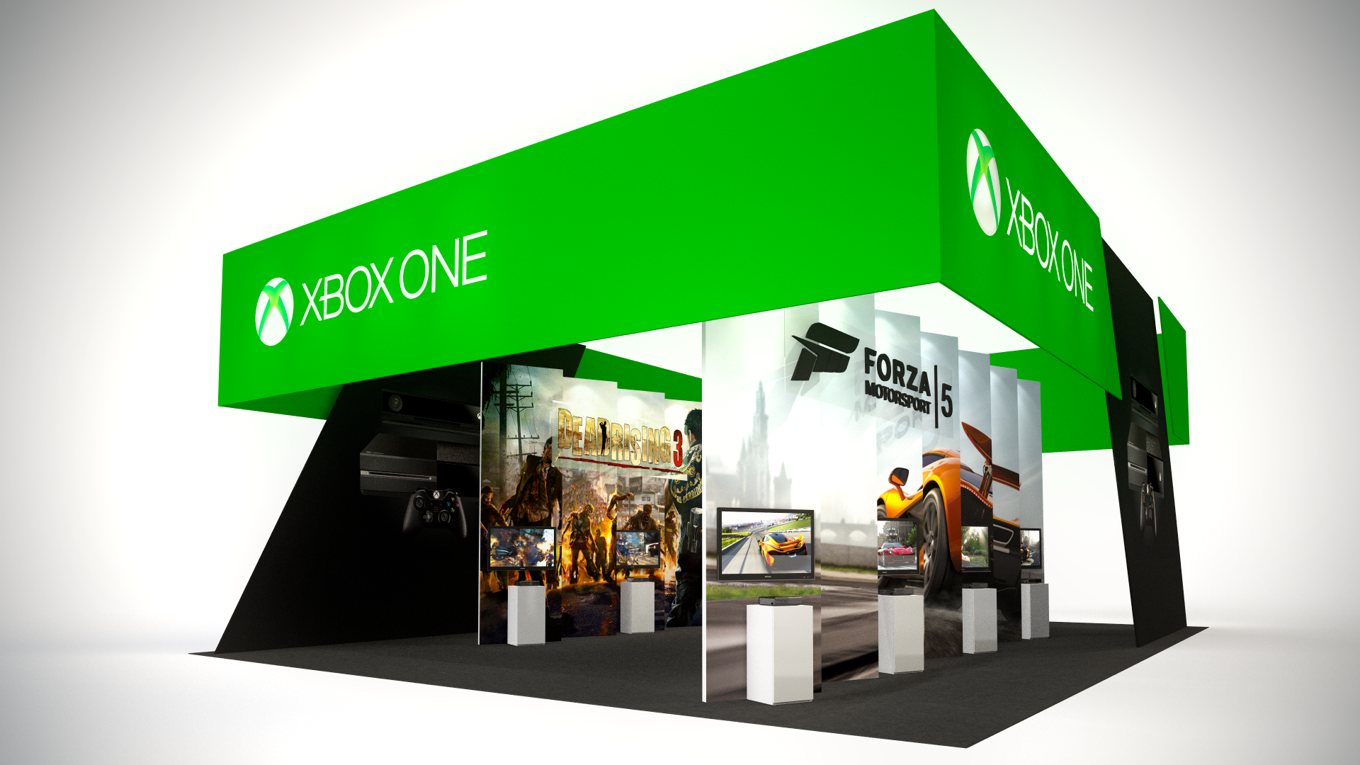 A large hanging banner, over-sized graphics, and integrated AV combined with custom pedestals for the Xbox One launch event at EB Games