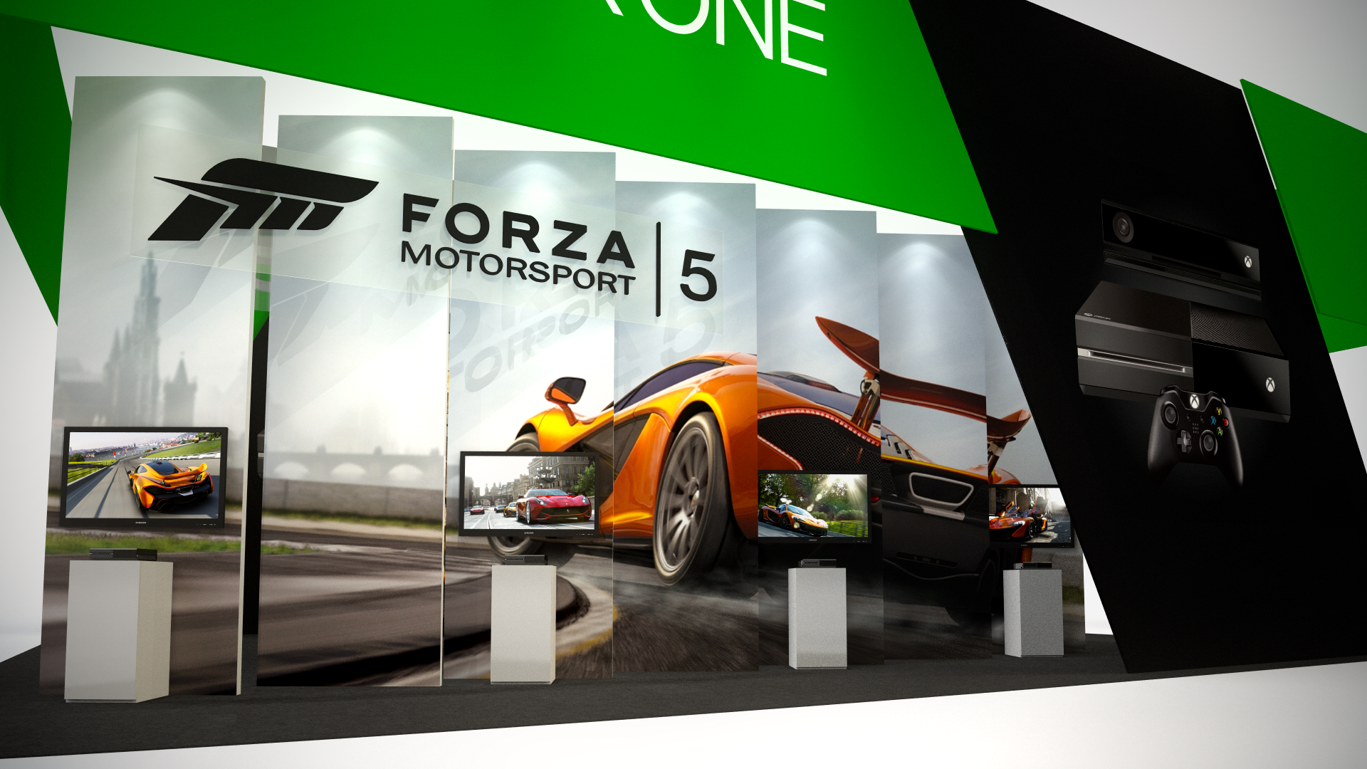 A large hanging banner, over-sized graphics, and integrated AV combined with custom pedestals for the Xbox One launch event at EB Games