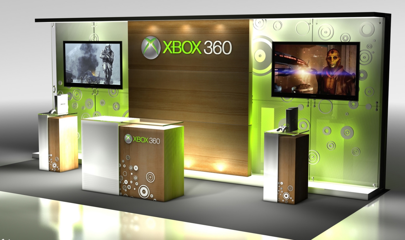 Microsoft's 10' x 20' spa booth that incorporates custom millwork pedestals, dimensional logos, AV & LED lighting
