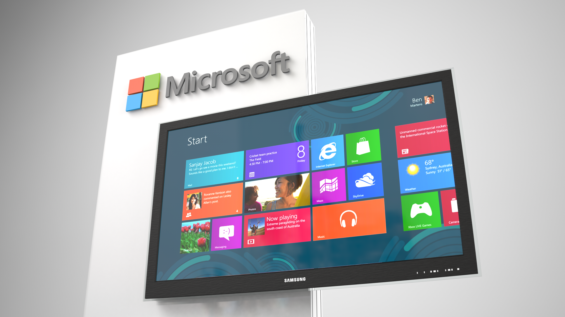 Microsoft's kiosks feature custom cabinetry and millwork, dimensional logo, vibrant graphics and integrated media devices