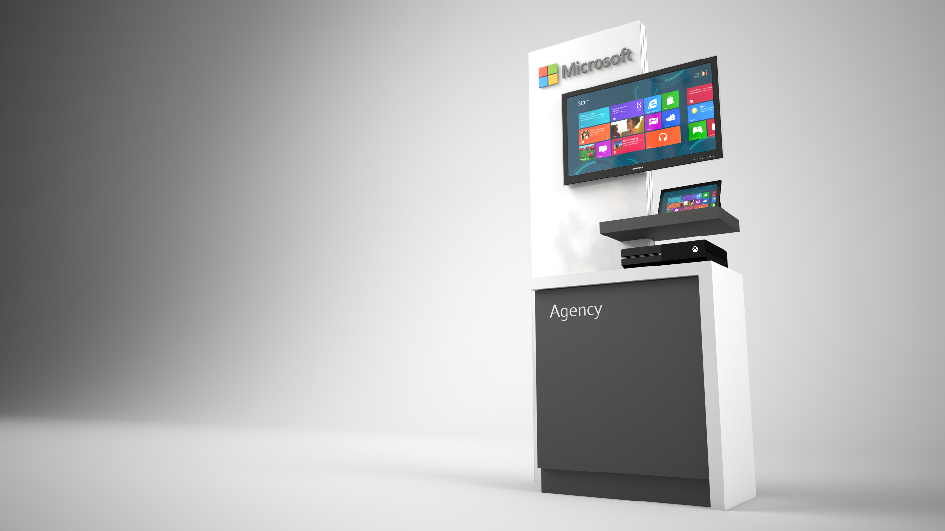 Microsoft's kiosks feature custom cabinetry and millwork, dimensional logo, vibrant graphics and integrated media devices